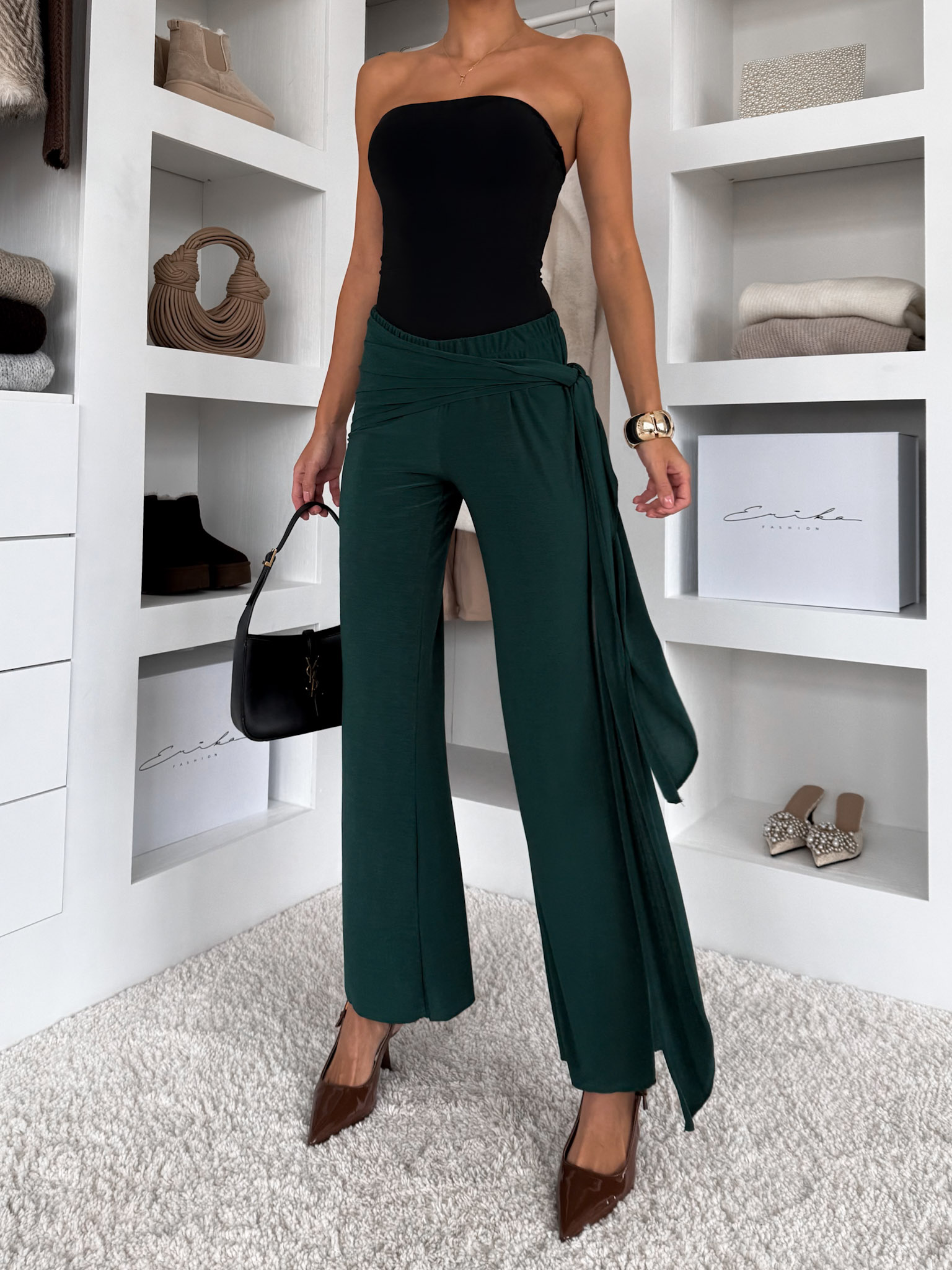 Smaragdové elegantné nohavice IRAVELL s vlečkou Veľkosť: ONESIZE