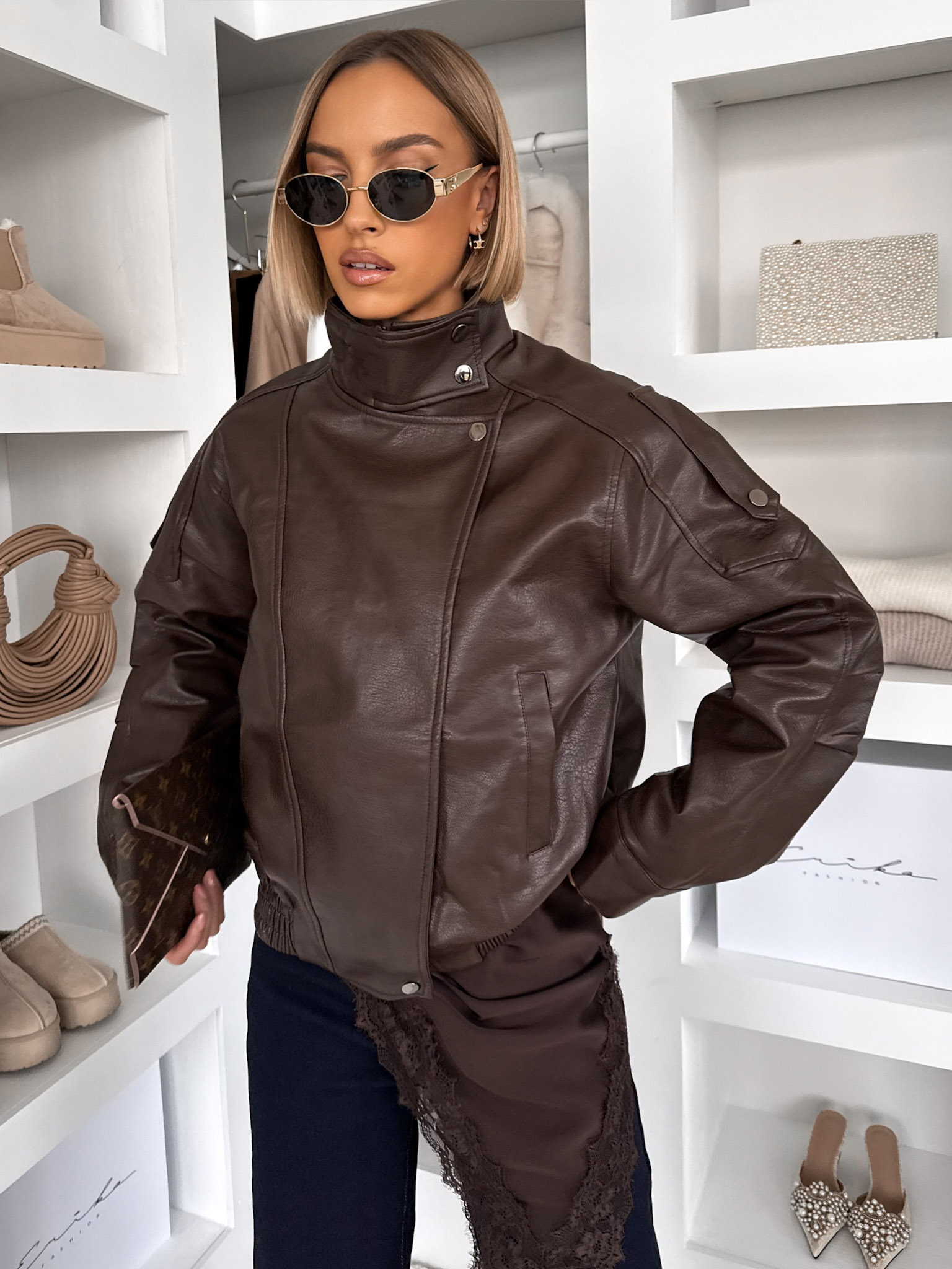 Tmavo hnedá koženková krátka bunda AUBET Veľkosť: ONESIZE