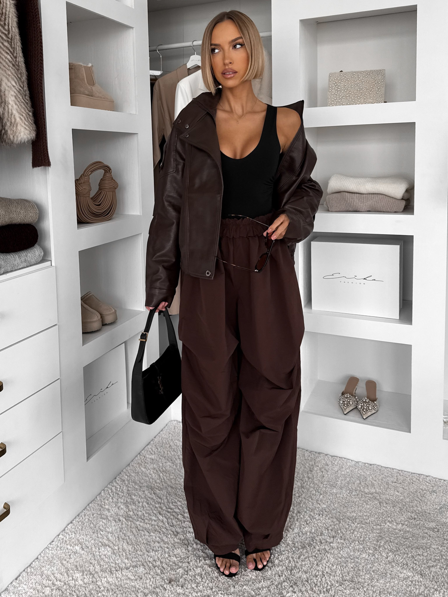 Hnedé bavlnené široké baggy nohavice NOIRCE Veľkosť: S/M