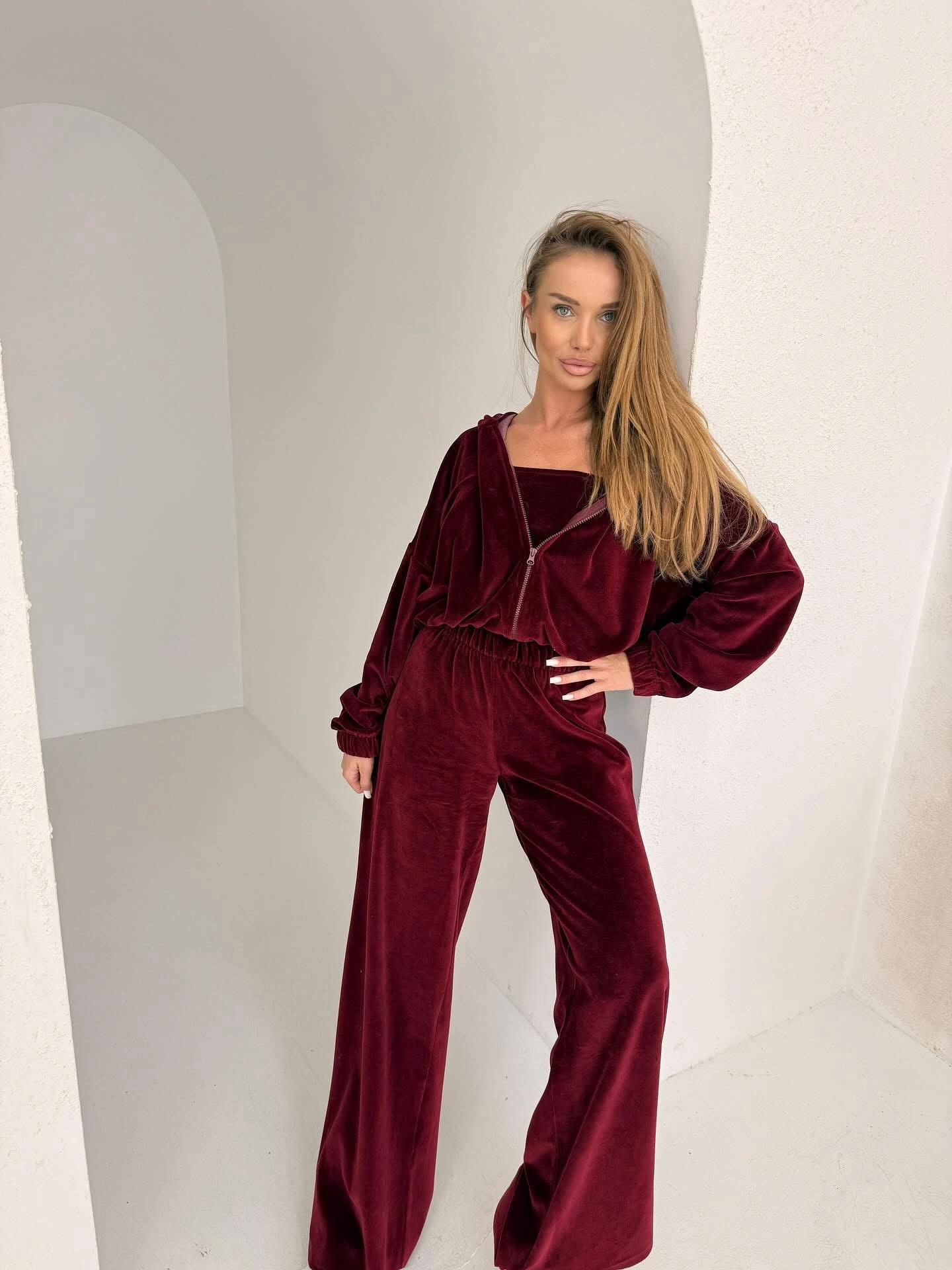 Bordó semišová tepláková súprava BEAUN s topom Veľkosť: ONESIZE