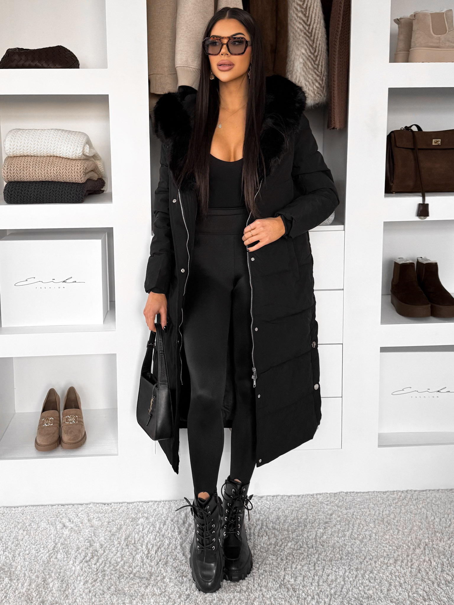 Čierny dlhý zimná bunda kabát LUMIYA Veľkosť: L