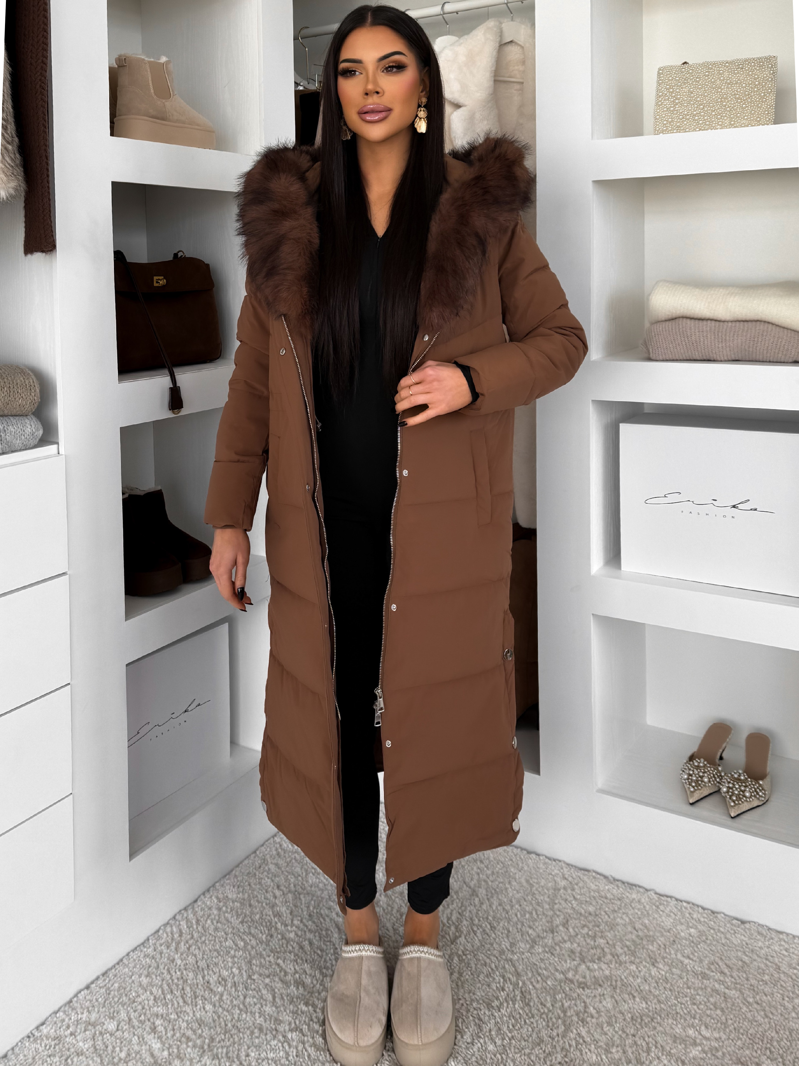 Hnedý dlhý zimný kabát bunda LUMIYA Veľkosť: L