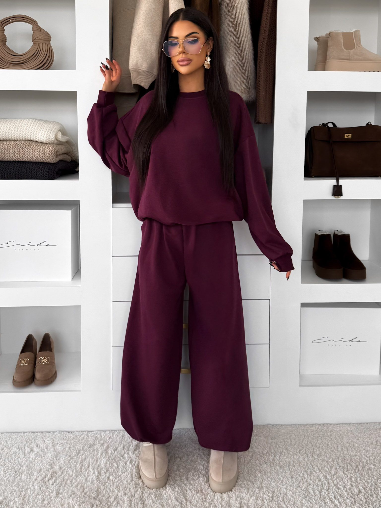 Vínové bavlnené široké tepláky TAVELYS Veľkosť: ONESIZE