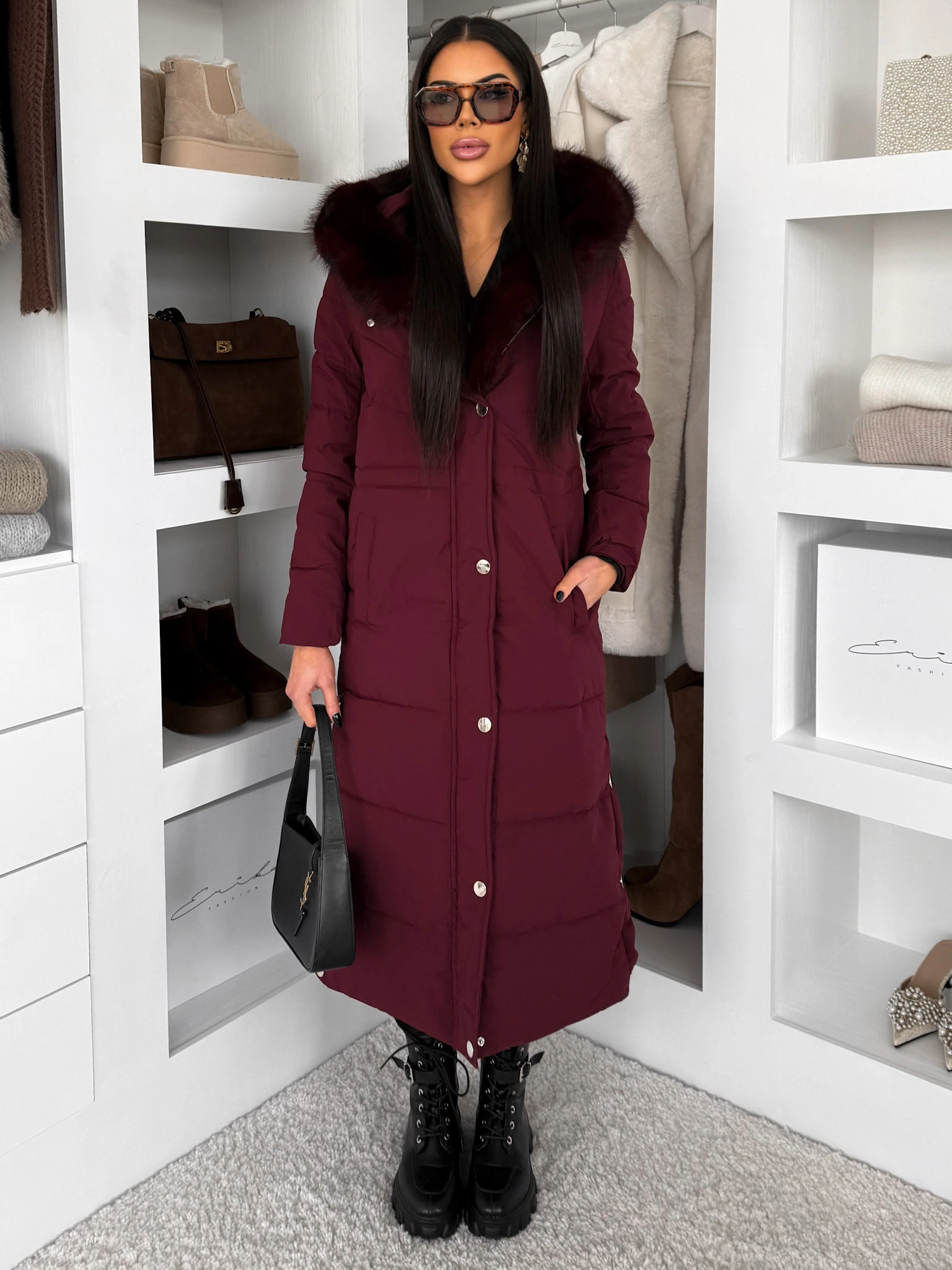 Vínový dlhý zimný kabát bunda LUMIYA Veľkosť: L