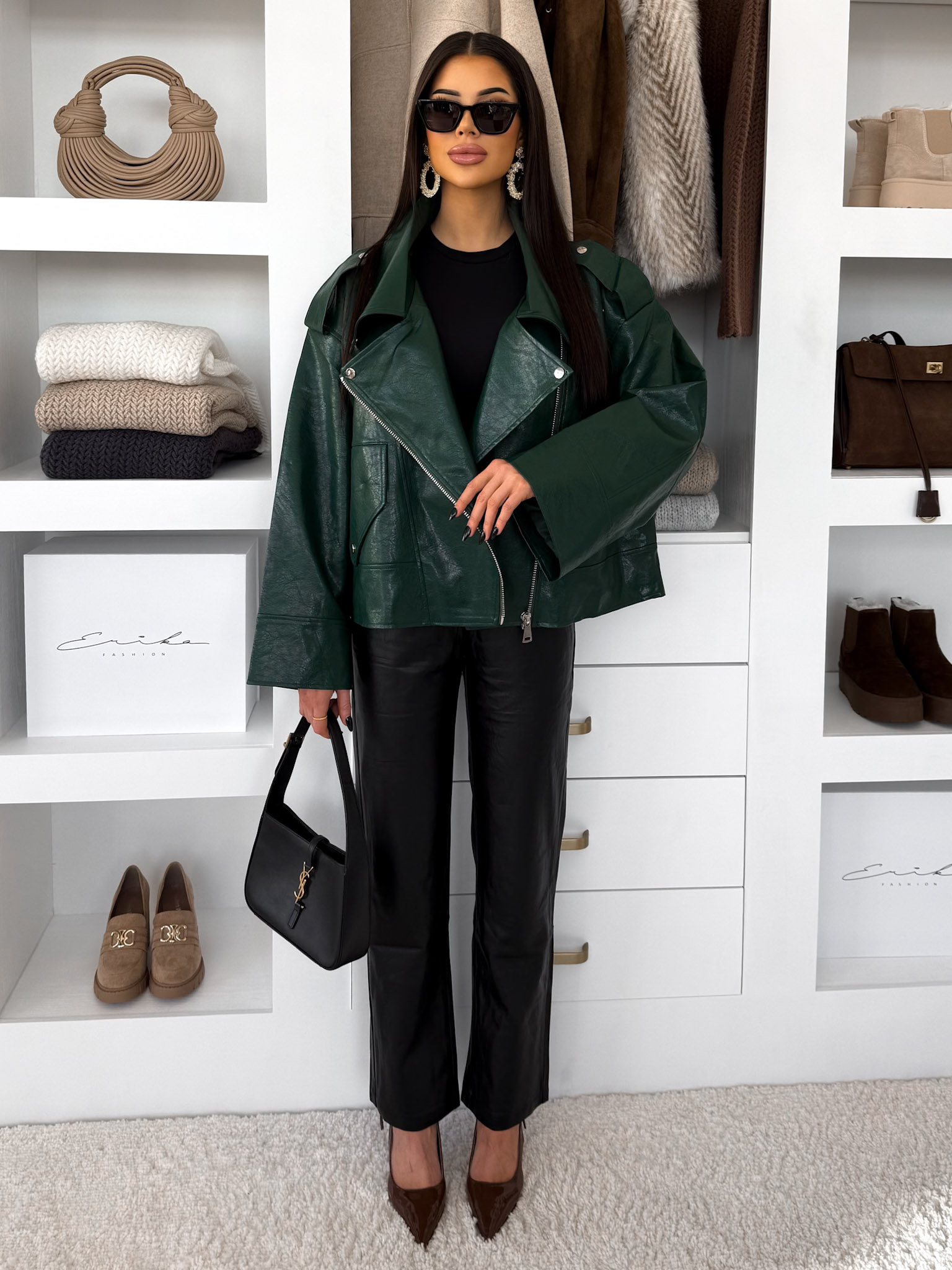 Smaragdová koženková biker oversize bunda DRAVINO Veľkosť: ONESIZE