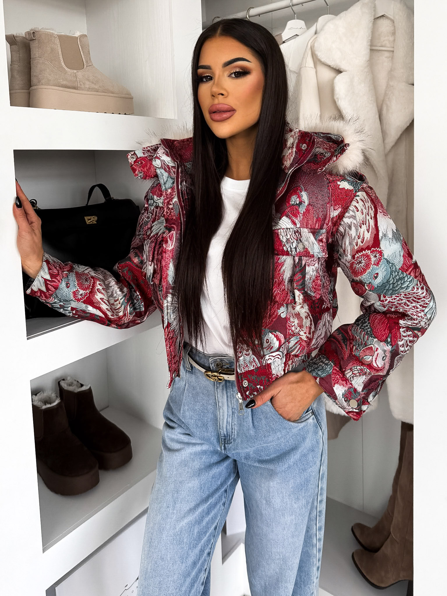 Červená krátka prešívaná štýlová bunda BOLDY Veľkosť: S/M