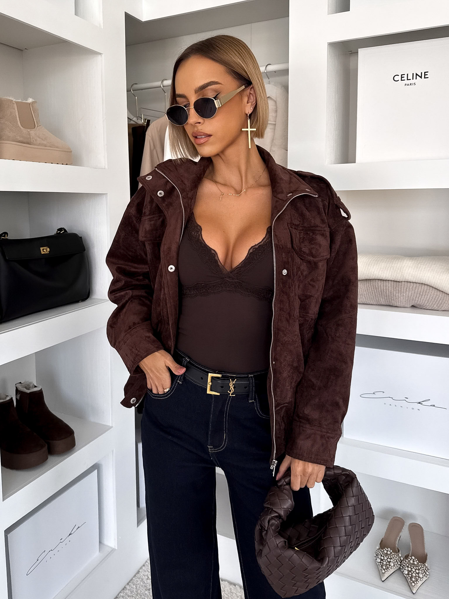 Tmavo hnedá semišová bunda TILUSEA Veľkosť: S/M