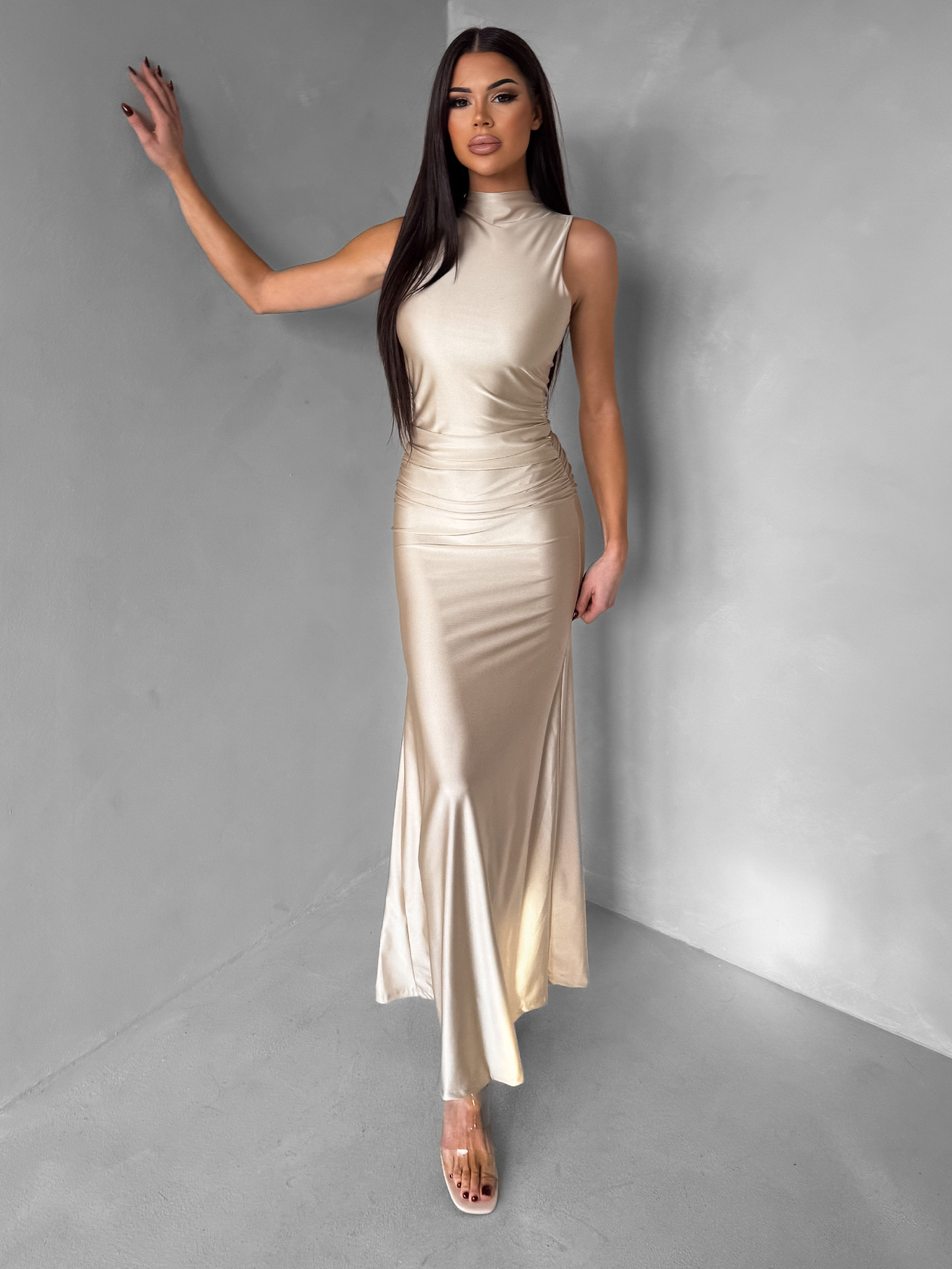 Béžové dlhé spoločenské šaty LETERA s rázporkom Veľkosť: ONESIZE