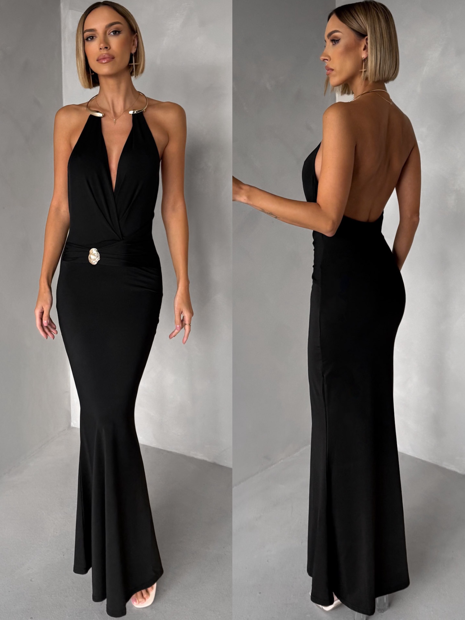 Čierne spoločenské dlhé šaty Arkeny s ozdobou Veľkosť: M/L