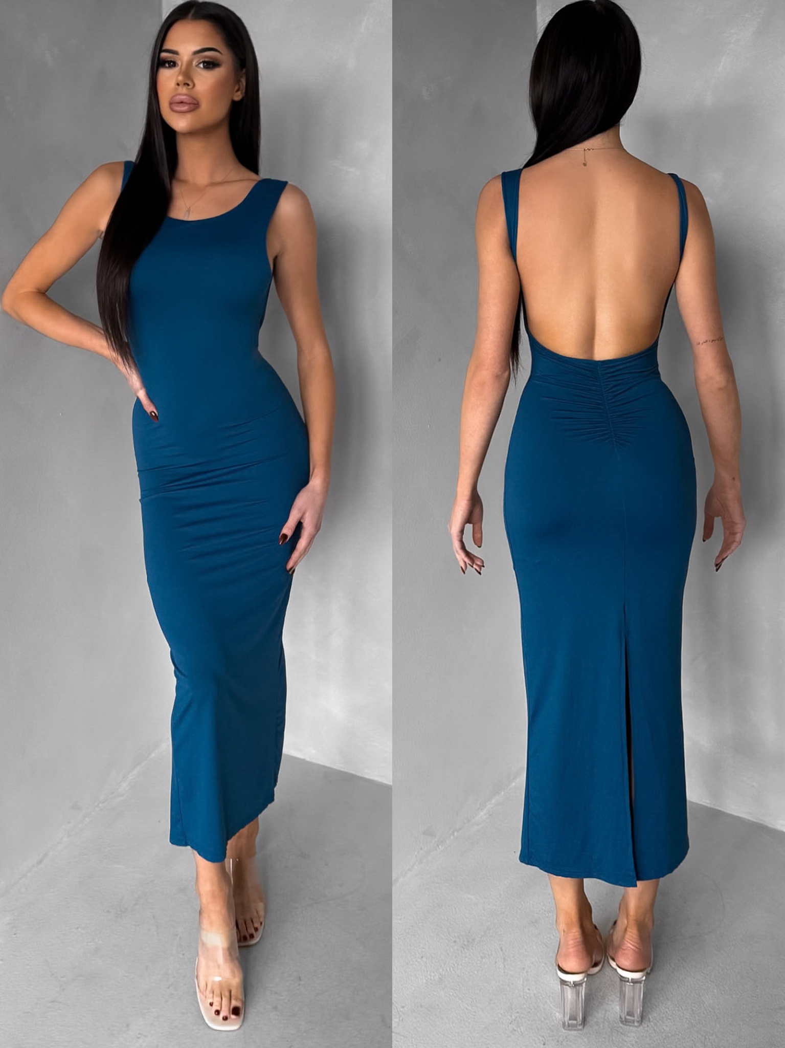Petrolejové priliehavé midi šaty TREVY s holým chrbtom Veľkosť: ONESIZE