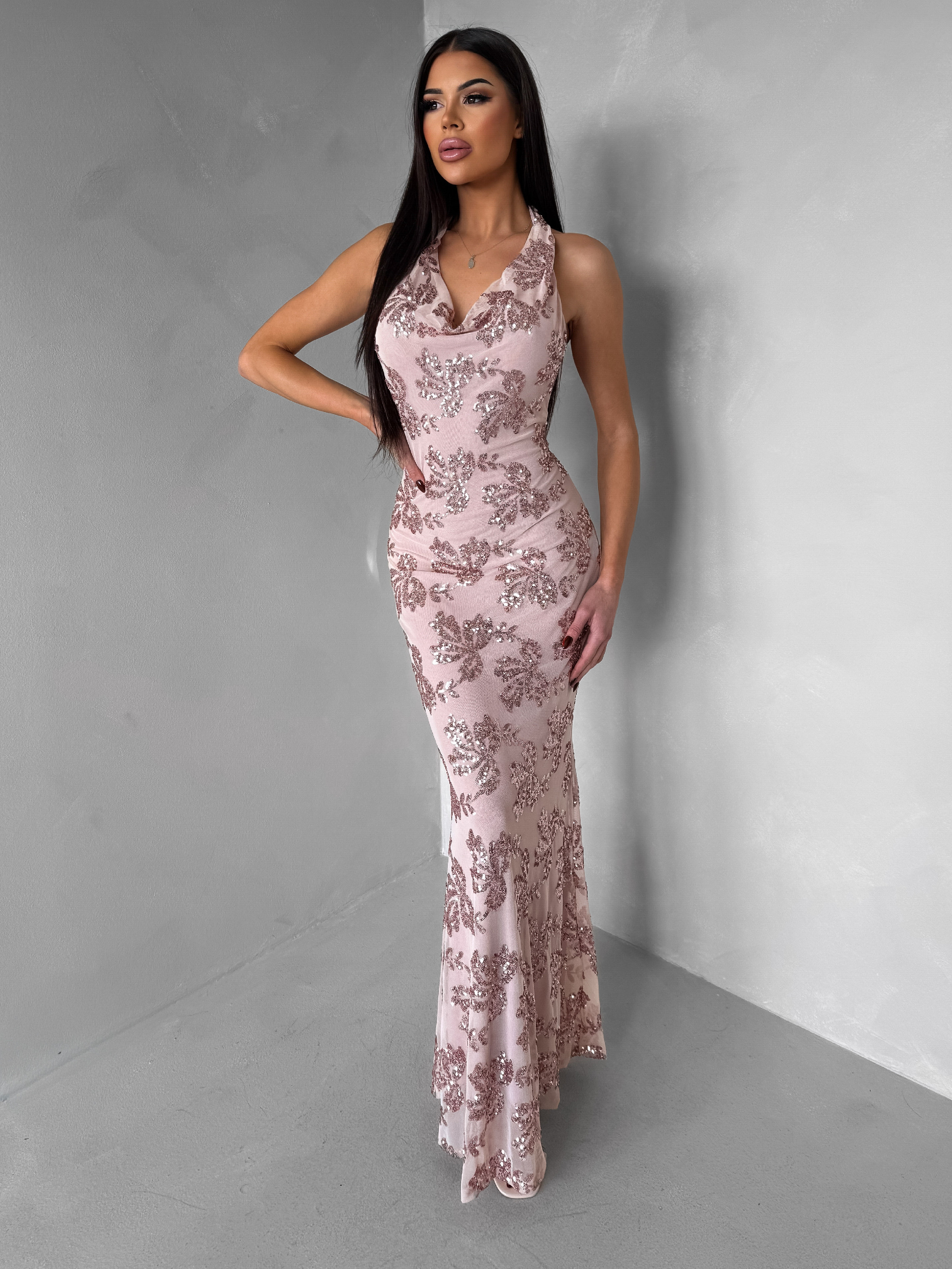 Ružové spoločenské dlhé šaty HENTARI s flitrami Veľkosť: ONESIZE