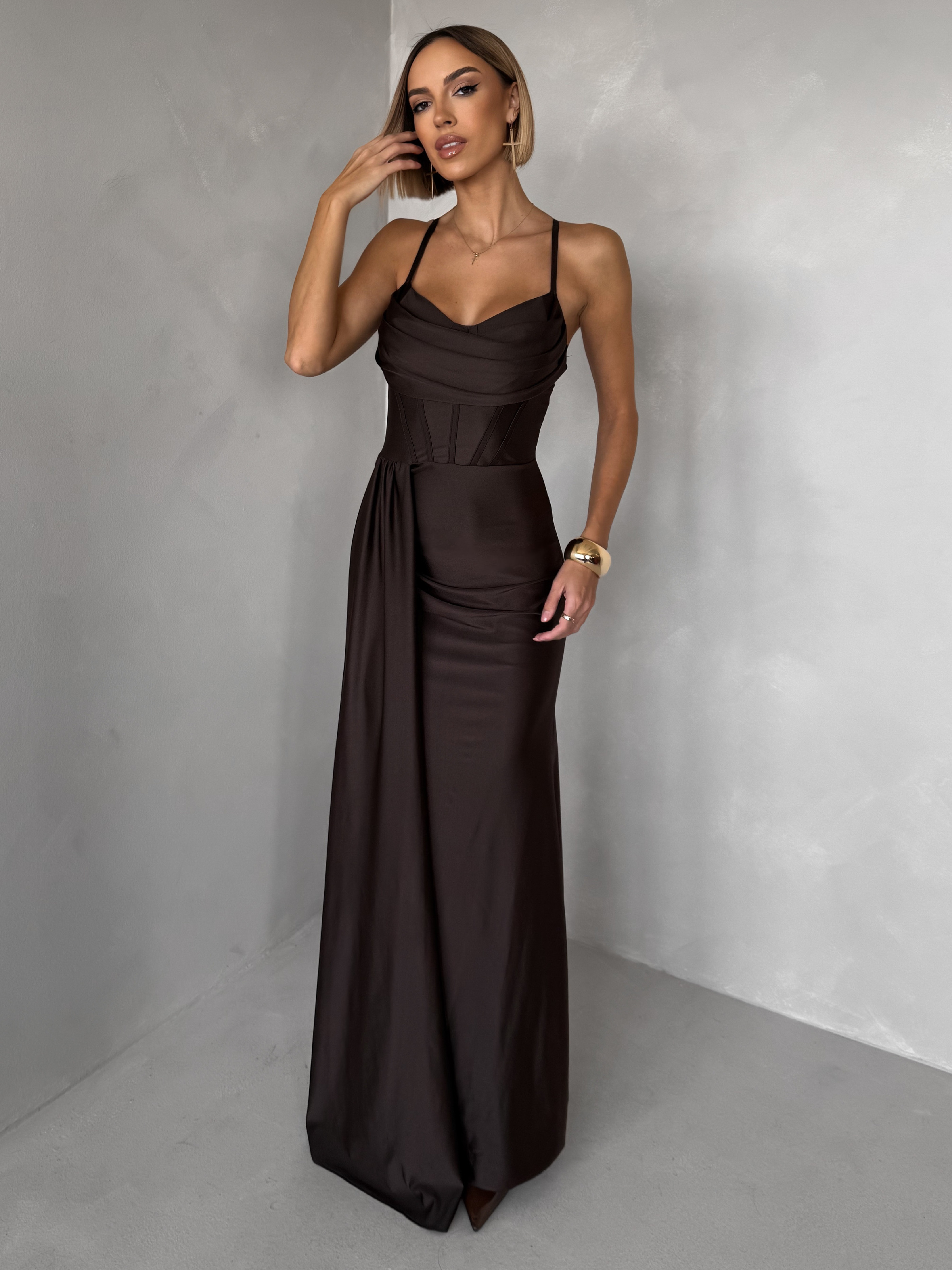 Tmavo hnedé spoločenské dlhé šaty SATIN Veľkosť: ONESIZE