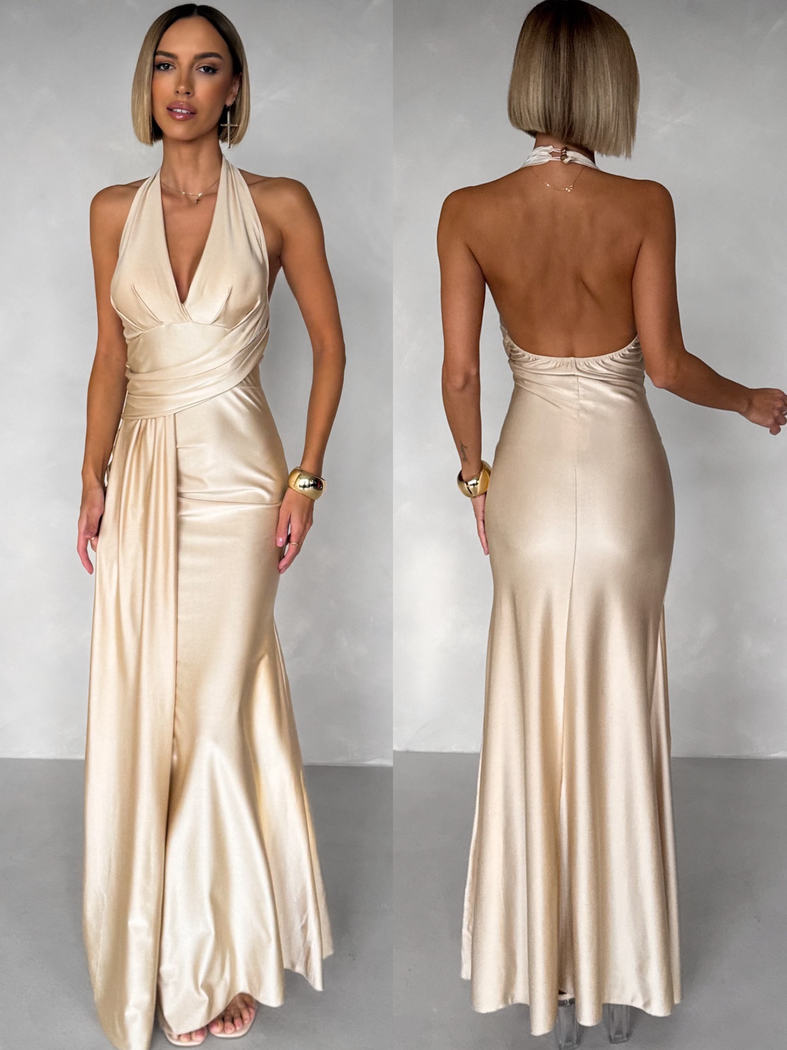 Béžové dlhé spoločenské šaty CELESTIA s vlečkou Veľkosť: ONESIZE