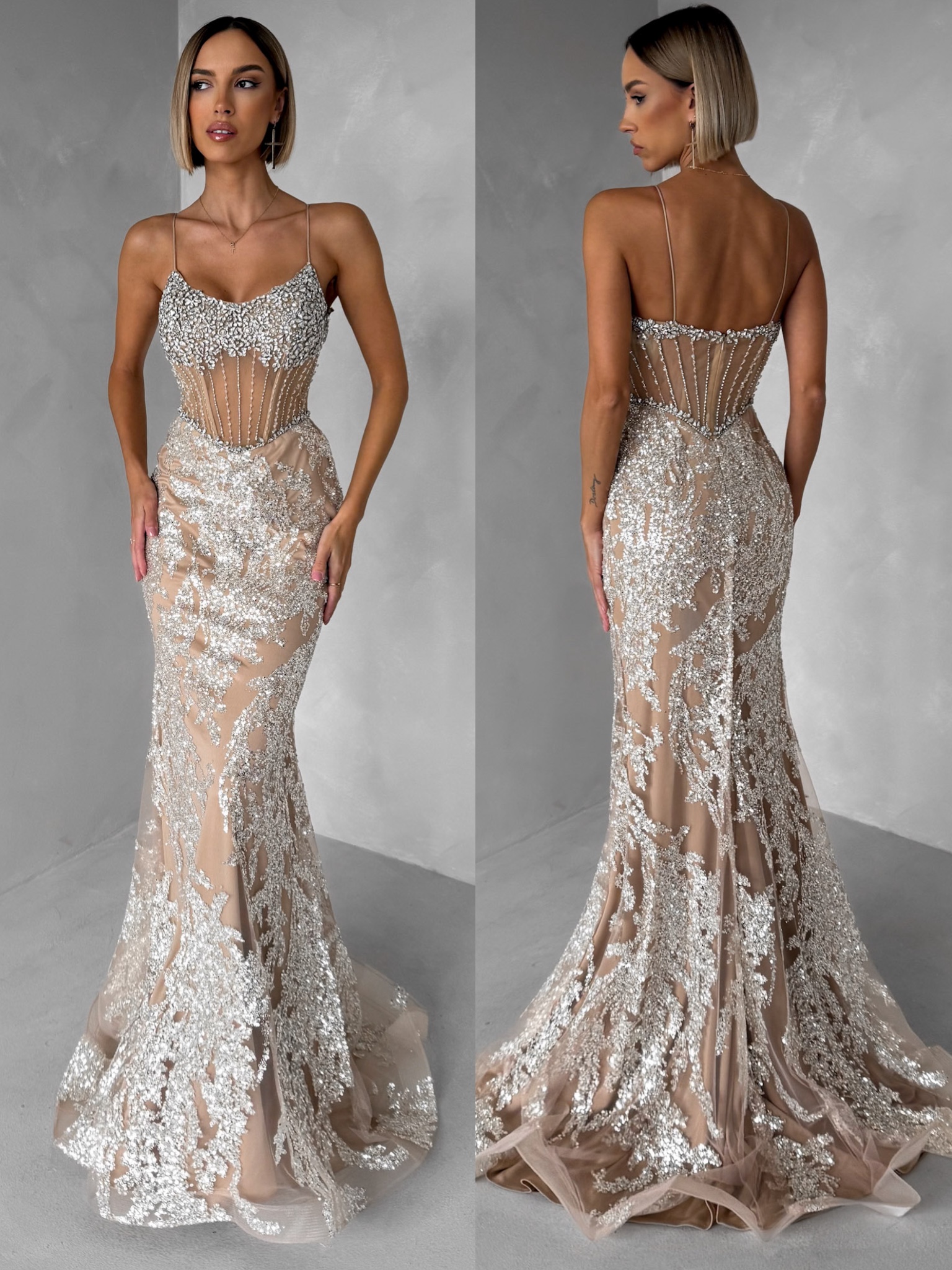 Béžové trblietavé luxusné plesové dlhé šaty JEMIQUE Veľkosť: S