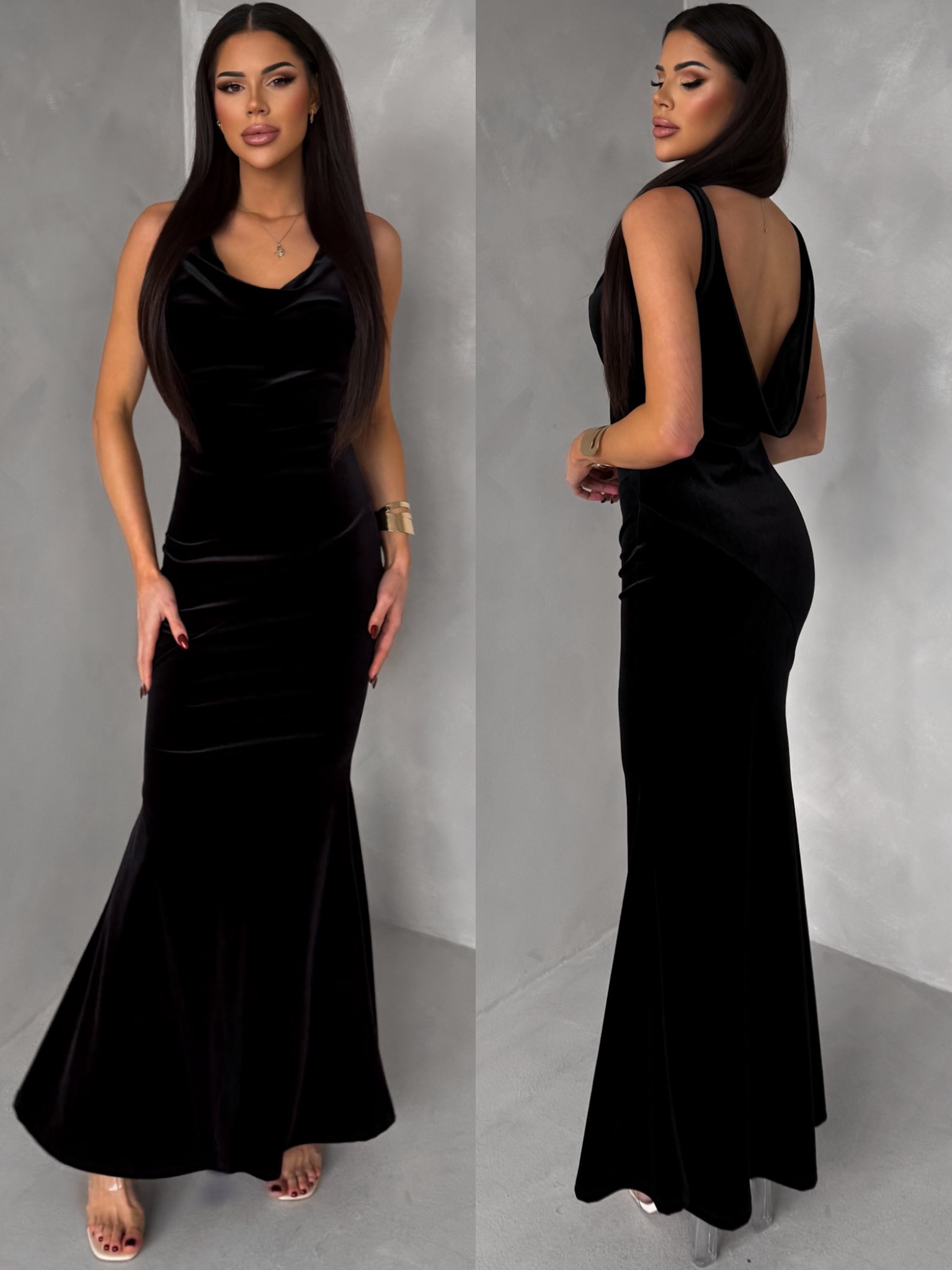 Čierne zamatové dlhé spoločenské šaty DURAYA Veľkosť: ONESIZE