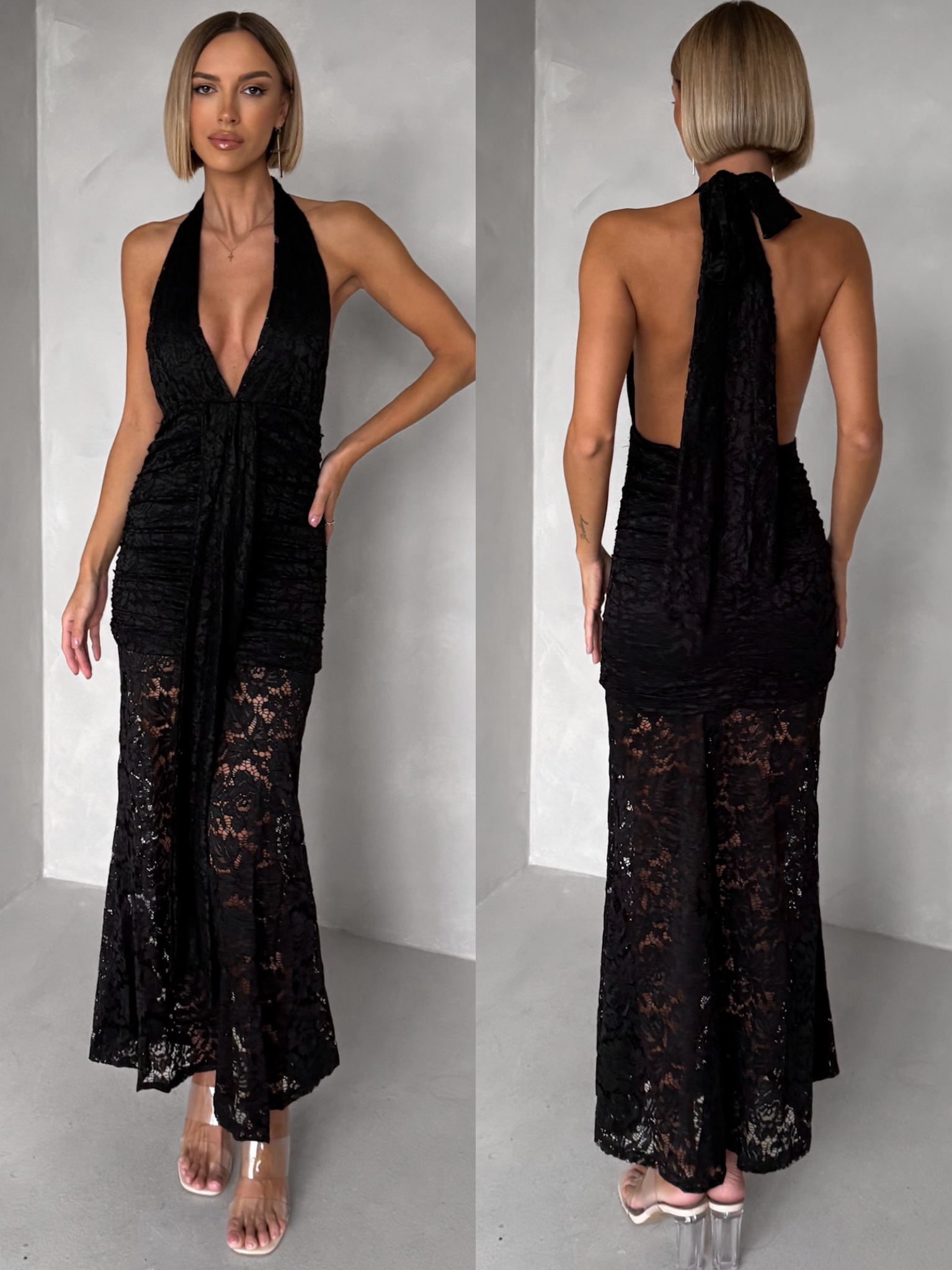 Čierne spoločenské krajkové dlhé šaty ZERULON Veľkosť: ONESIZE