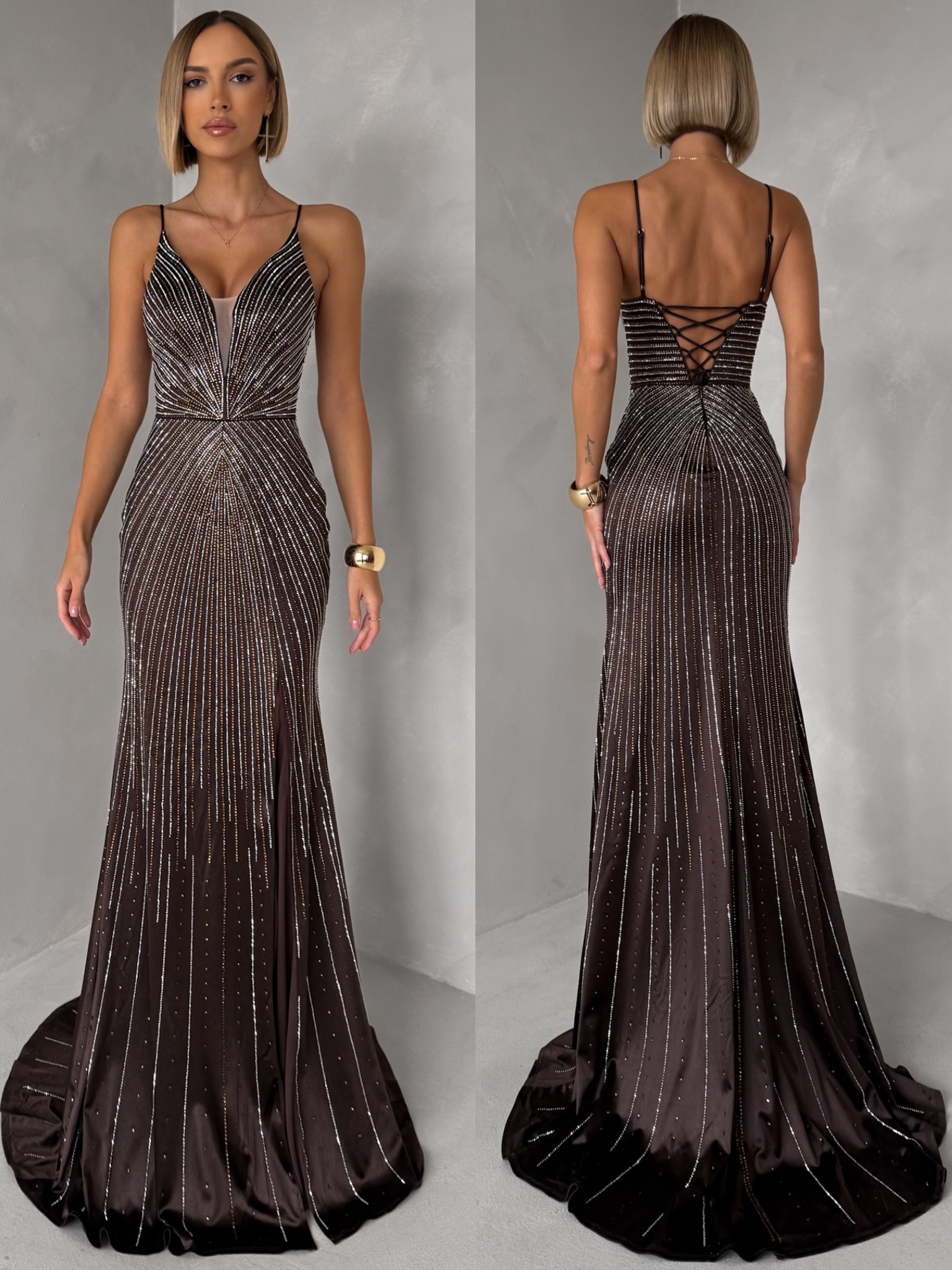 Hnedé luxusné plesové trblietavé šaty RAVELLE na ramienka Veľkosť: L