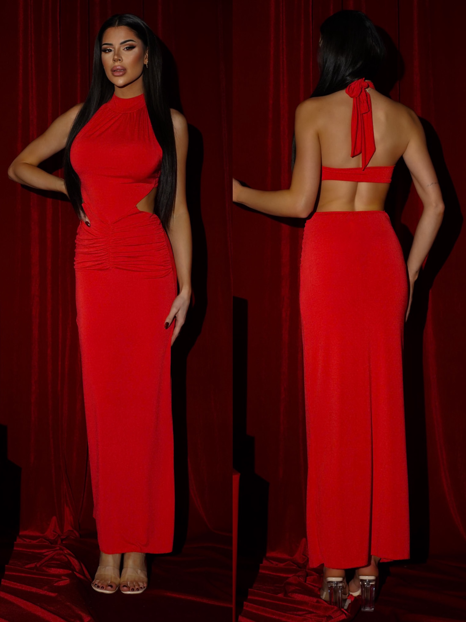 Červené elegantné dlhé šaty FUREVO Veľkosť: ONESIZE