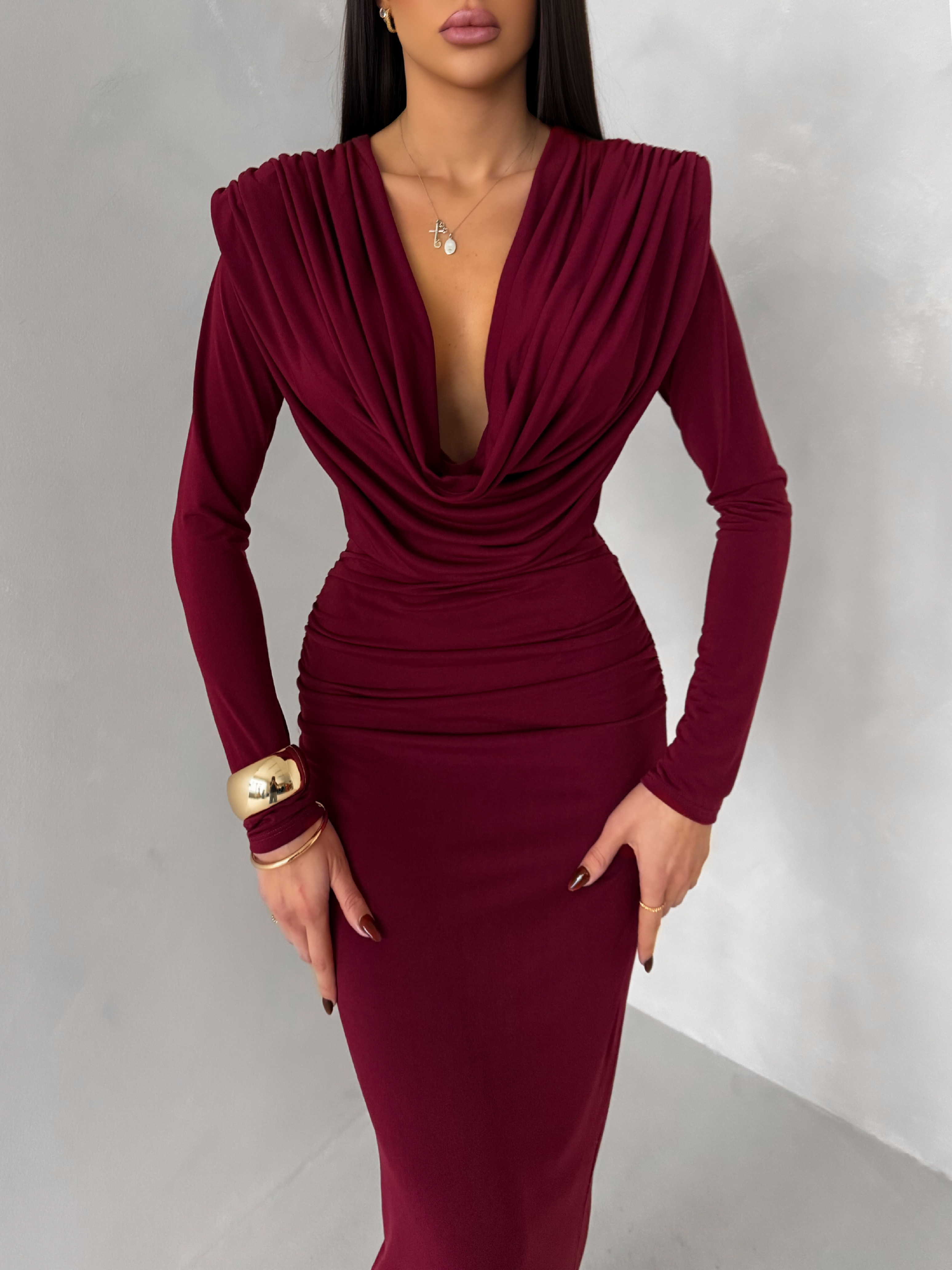 Bordové dlhé spoločenské šaty MARVO s riasením Veľkosť: ONESIZE