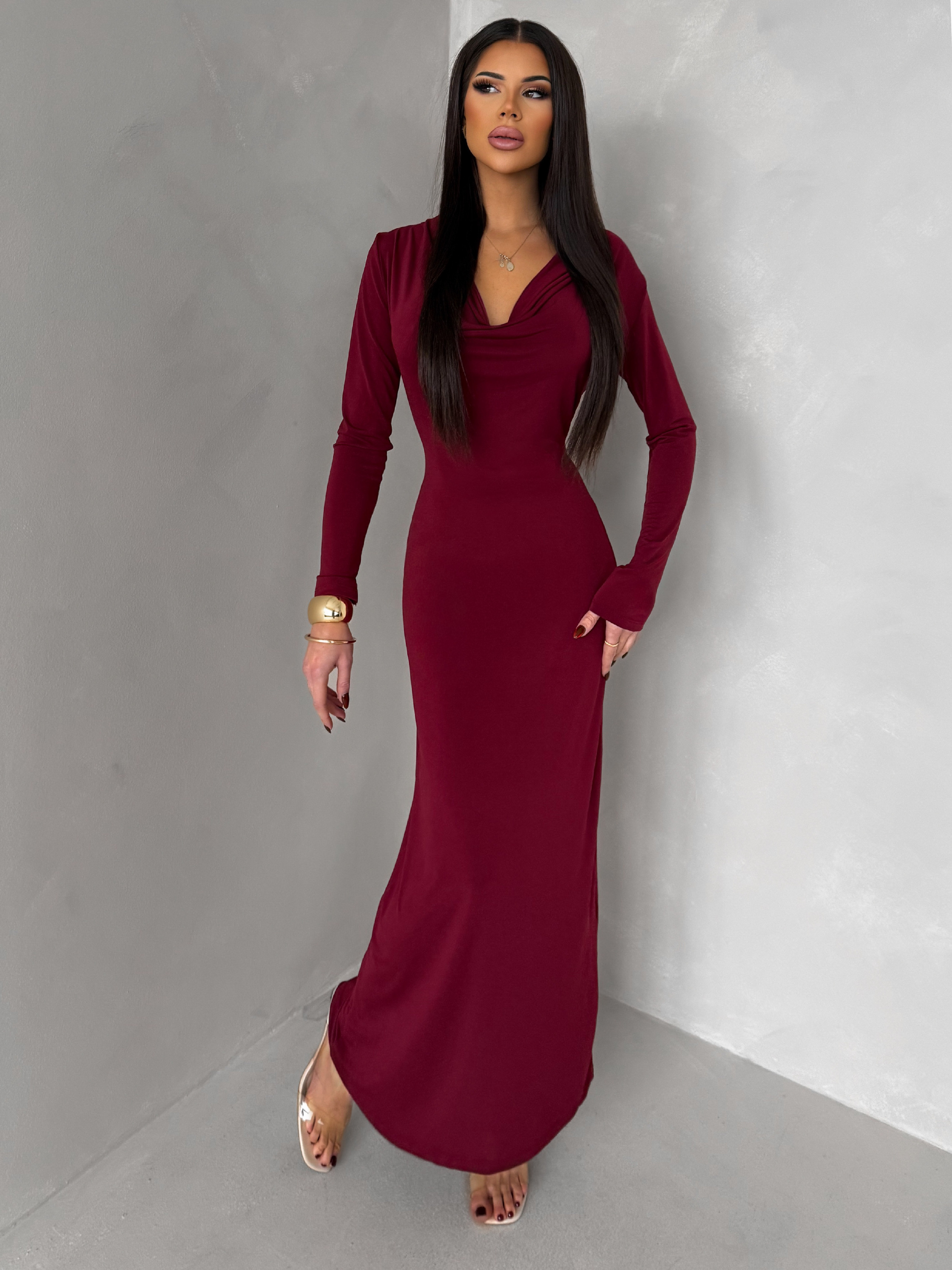 Bordó elegantné dlhé šaty OLIVINE s dlhým rukávom Veľkosť: ONESIZE