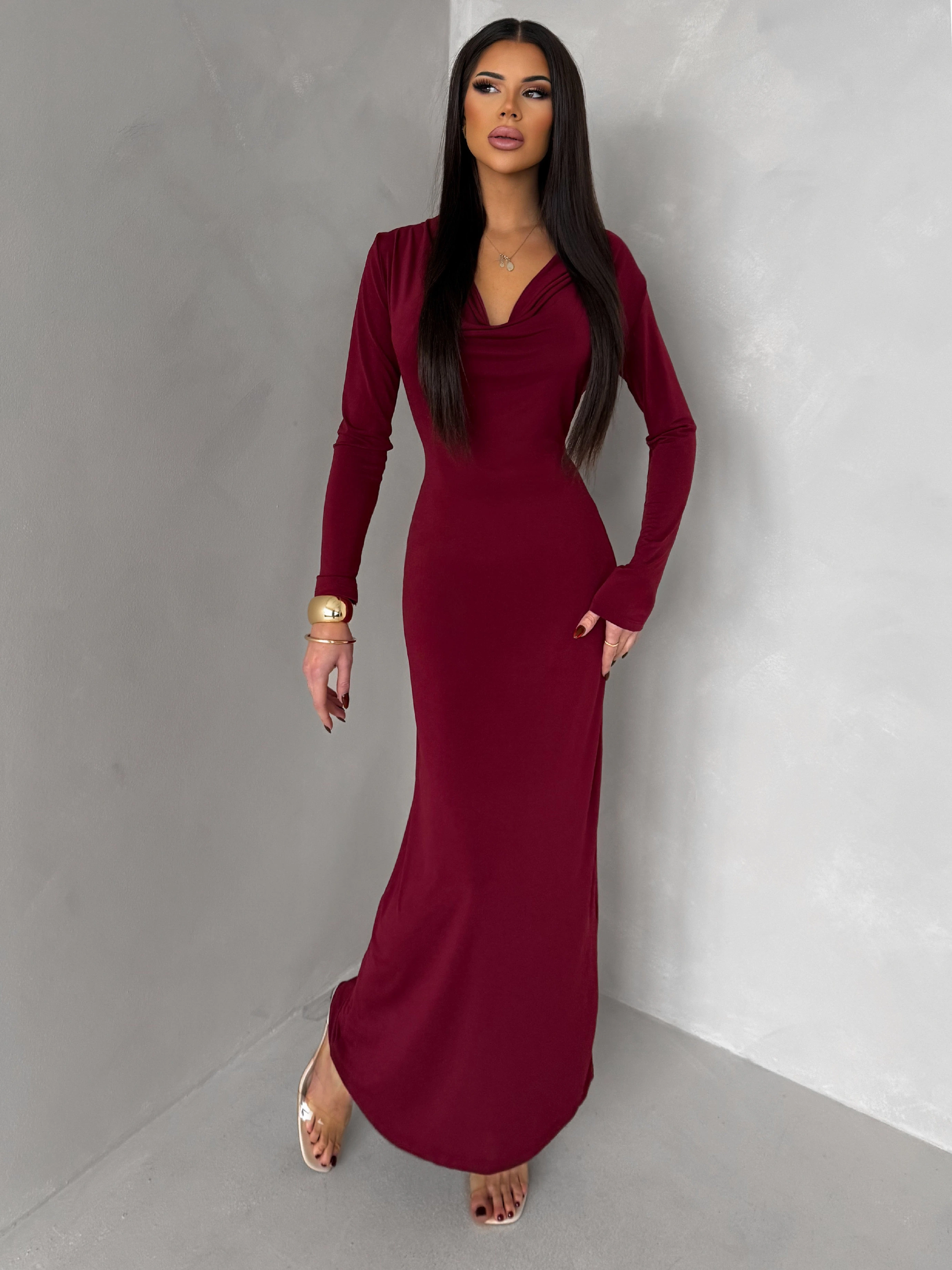 Bordó elegantné dlhé šaty OLIVINE s dlhým rukávom Veľkosť: ONESIZE