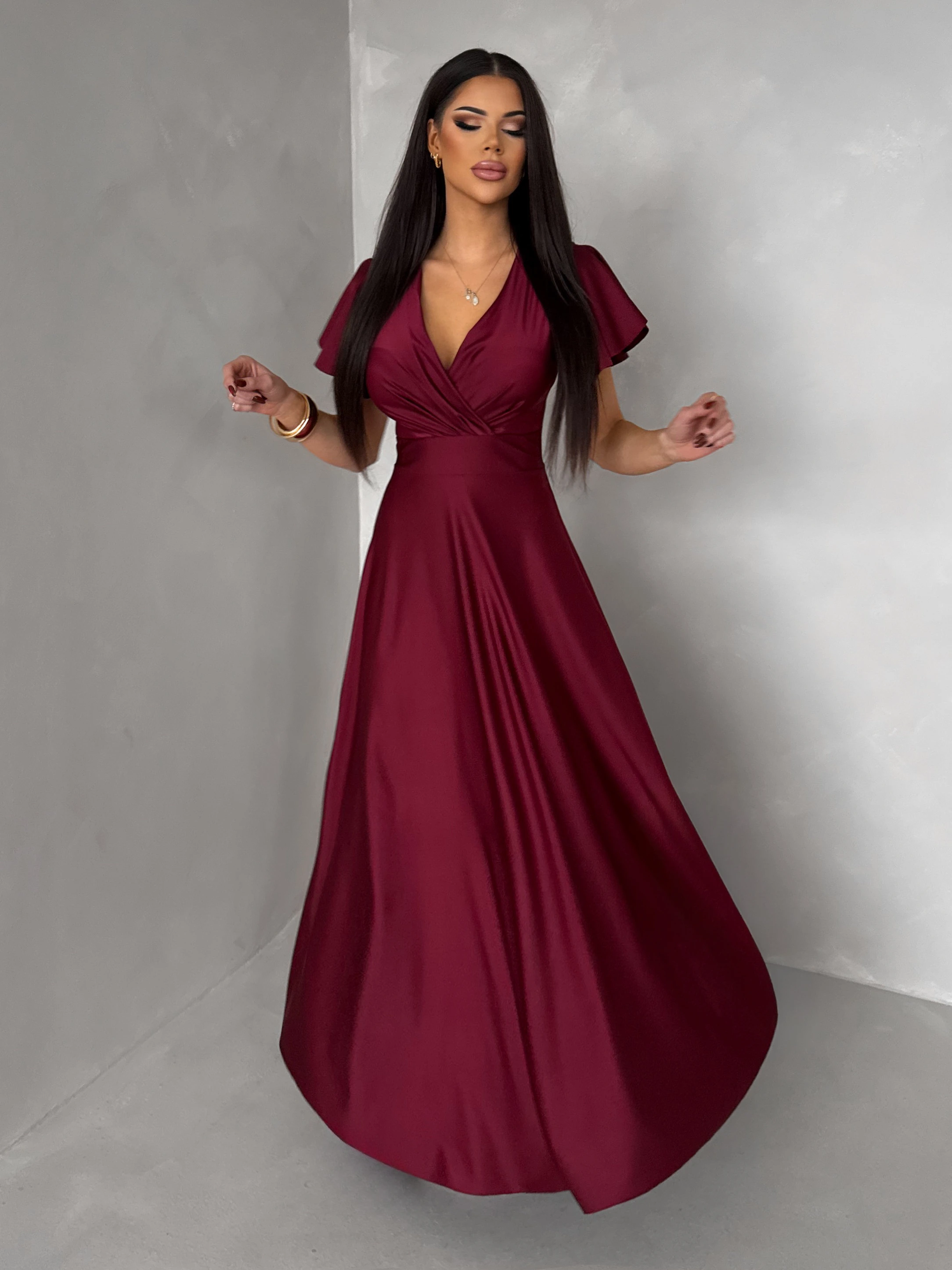 Bordové spoločenské jednoduché dlhé šaty JUNADIE Veľkosť: ONESIZE