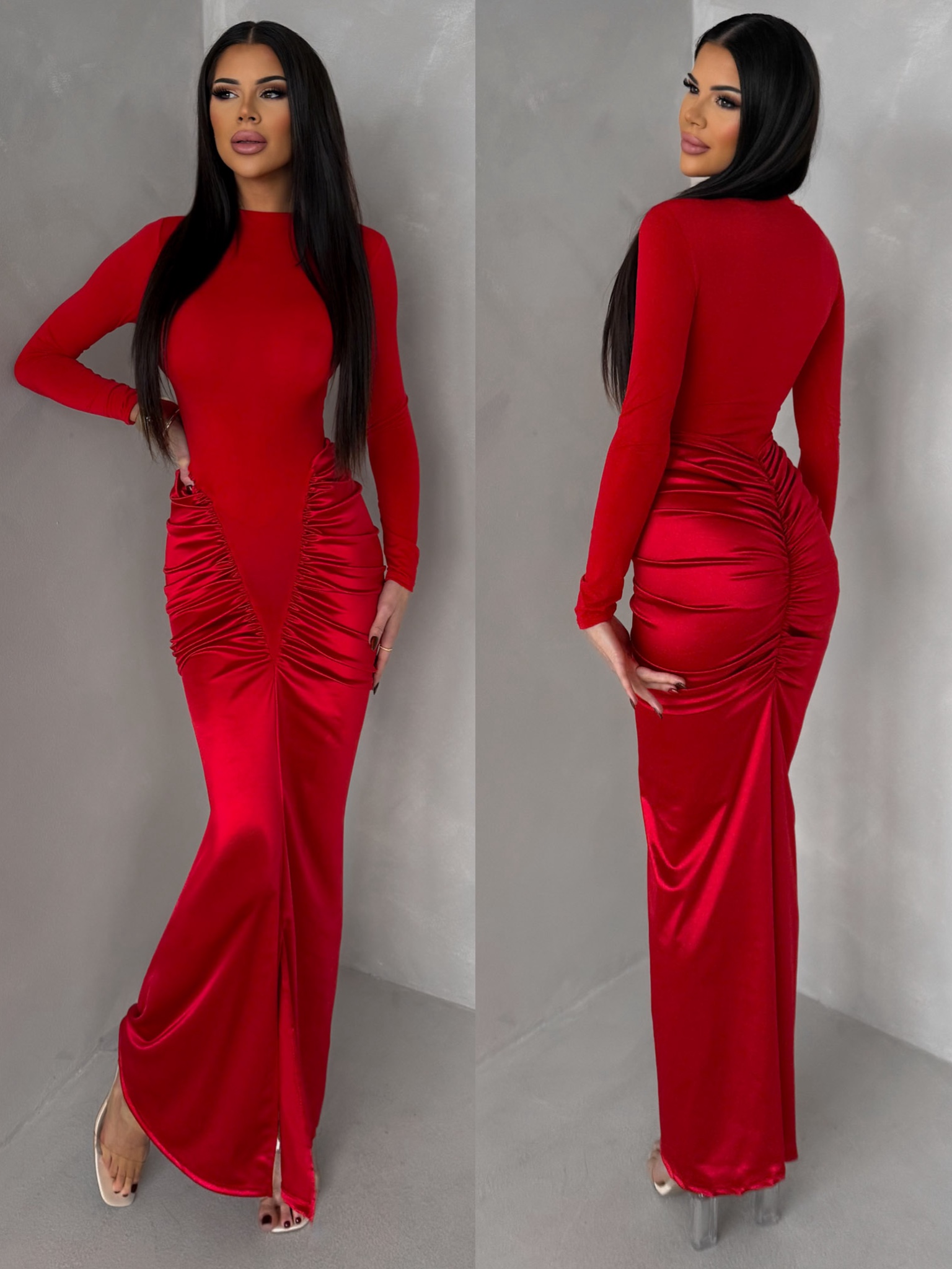 Červené spoločenské dlhé šaty SORAYA s dlhým rukávom Veľkosť: ONESIZE