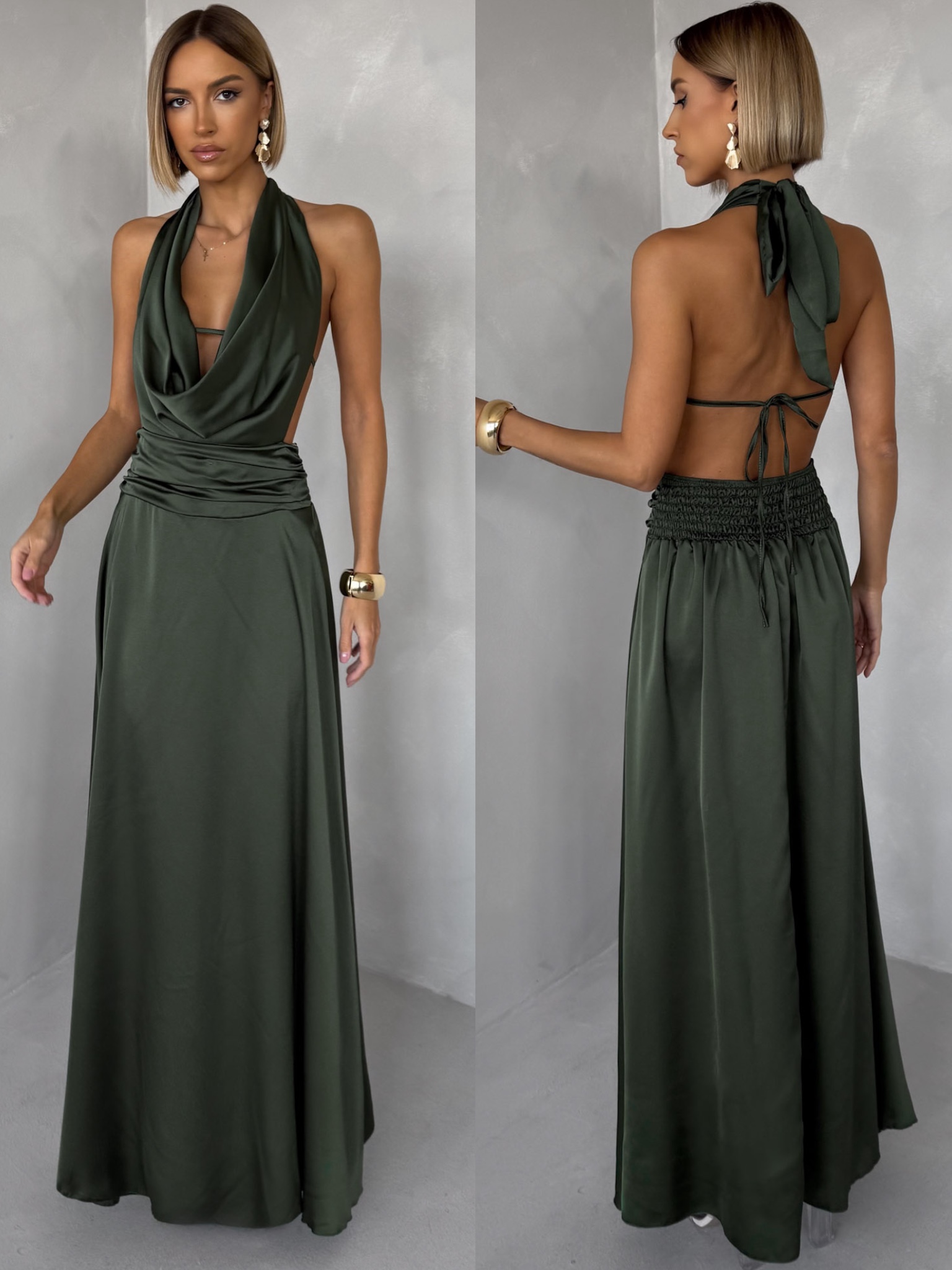 Kaki saténové dlhé šaty FANDARI s výstrihom Veľkosť: ONESIZE