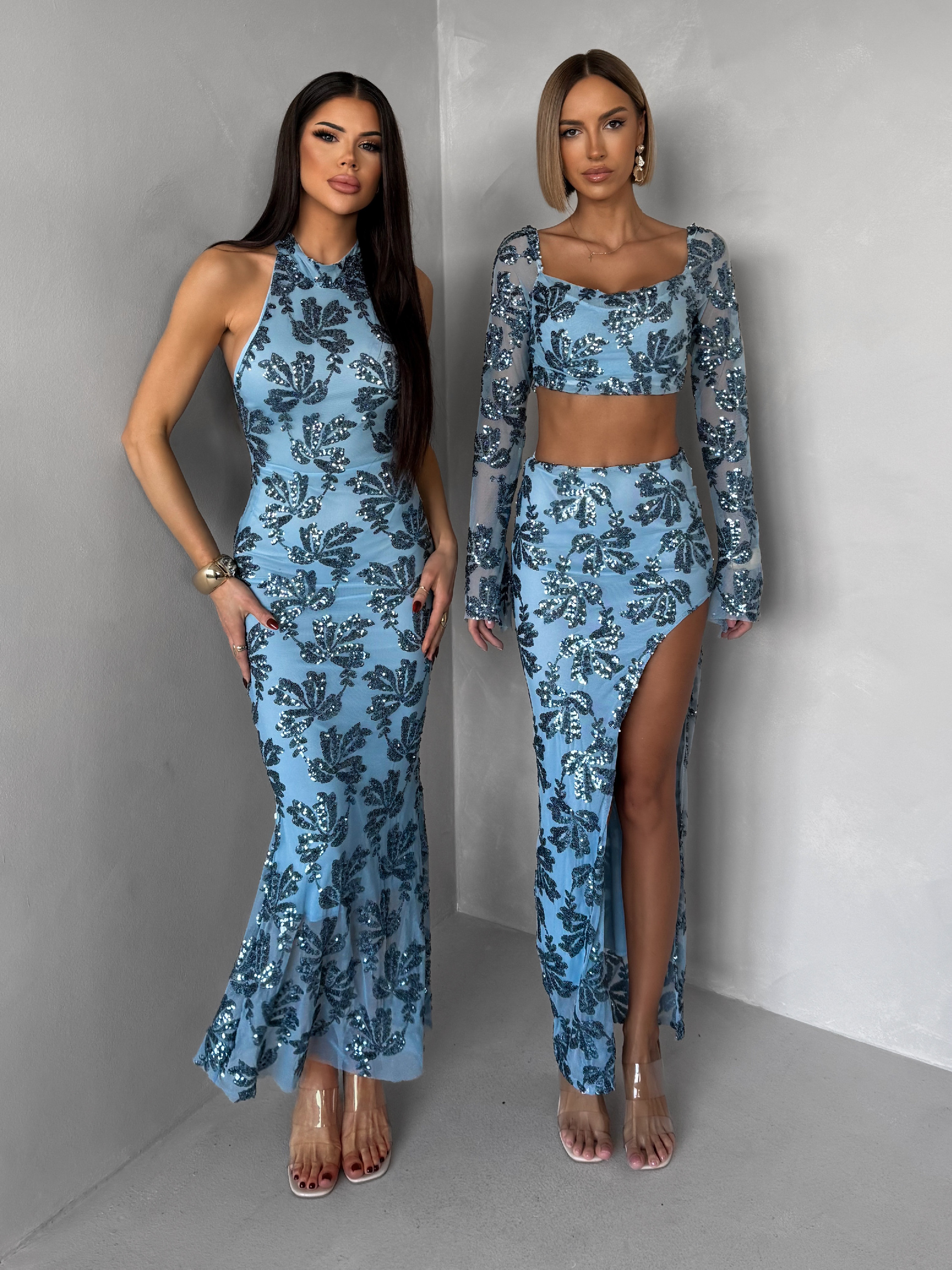 Modré spoločenské dlhé flitrované šaty SOLVAYA Veľkosť: ONESIZE