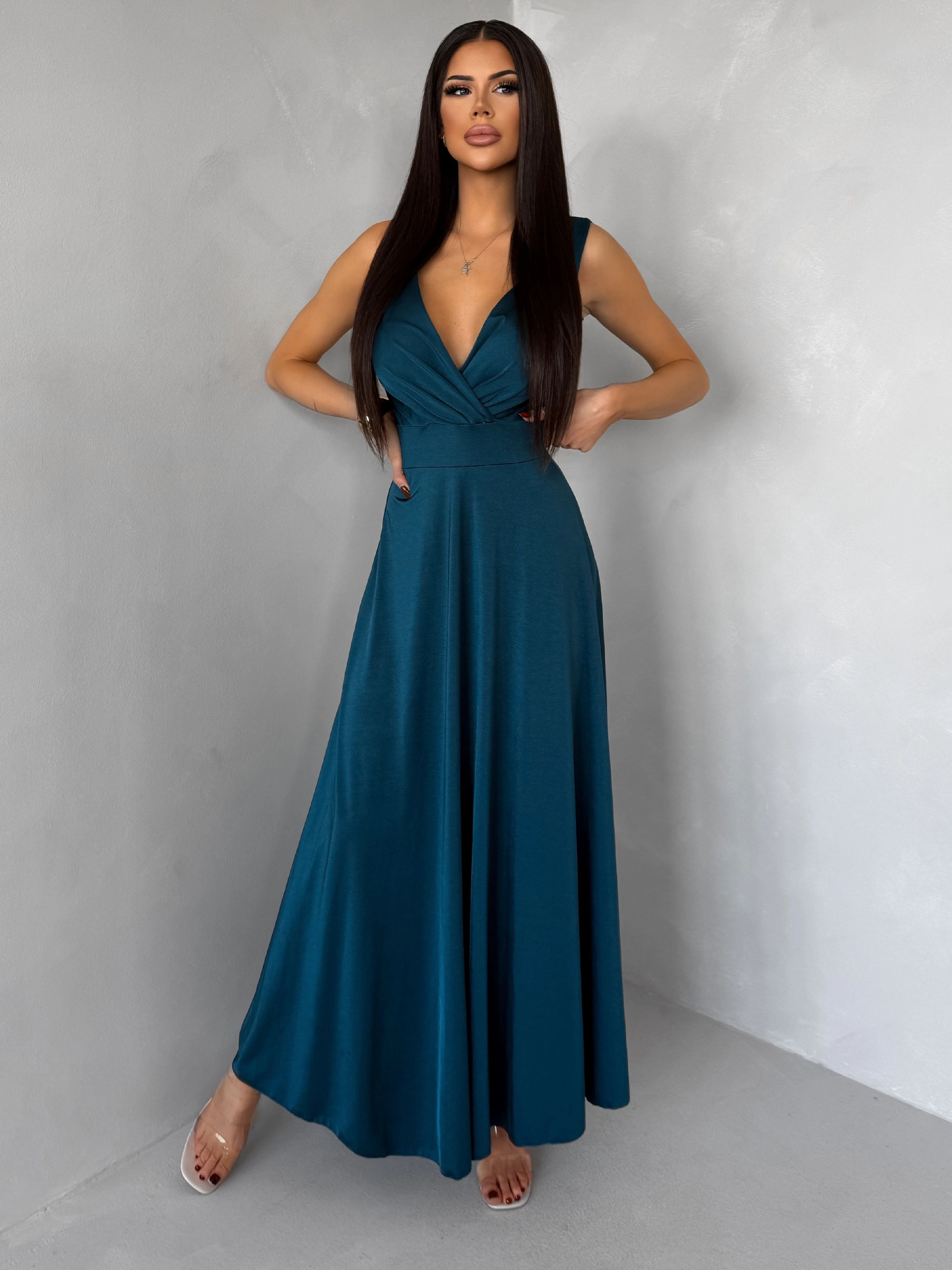 Petrolejové saténové jednoduché spoločenské šaty EZMIRA Veľkosť: ONESIZE