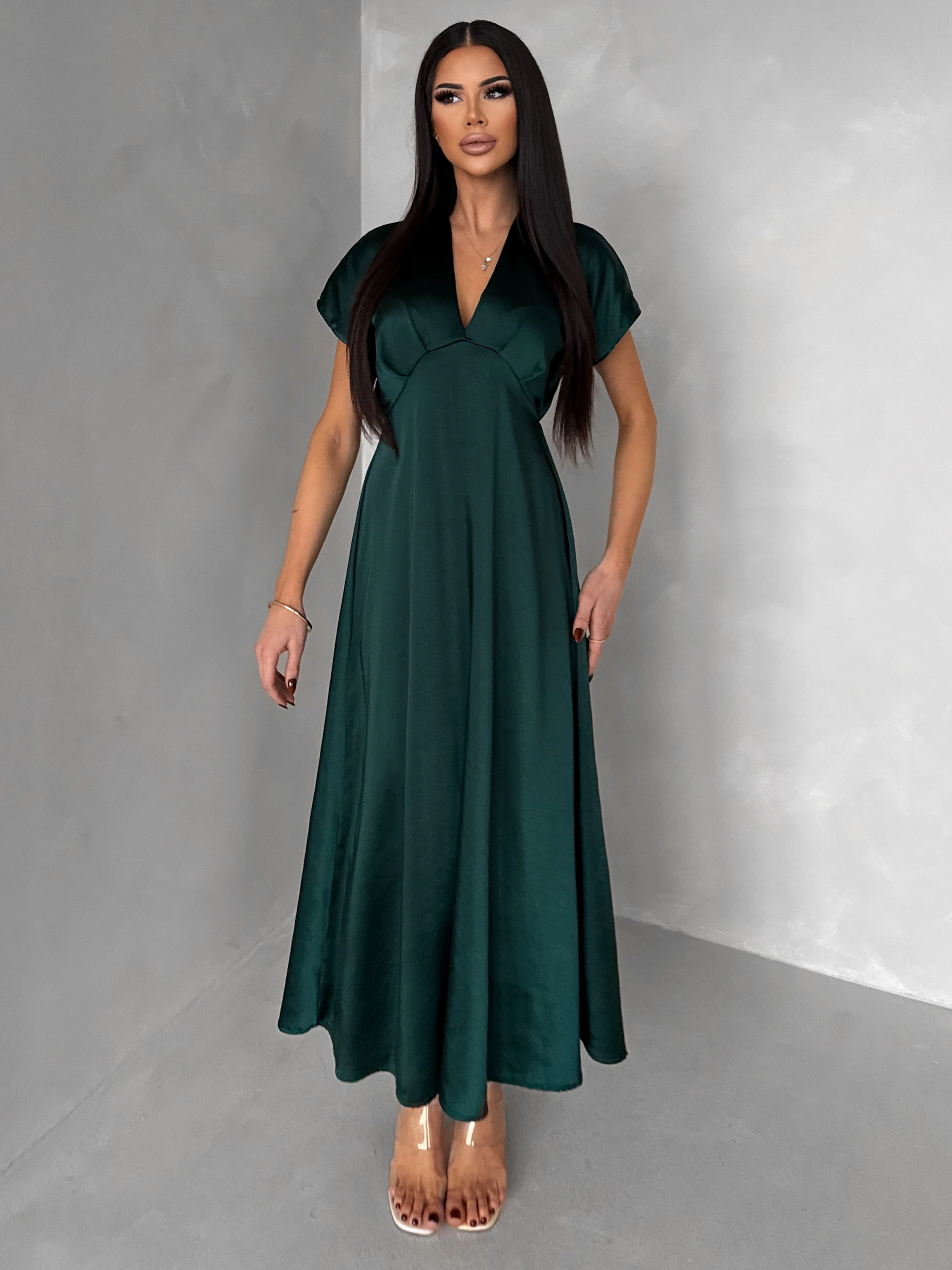 Smaragdové elegantné jednoduché midi šaty OMNIS Veľkosť: ONESIZE