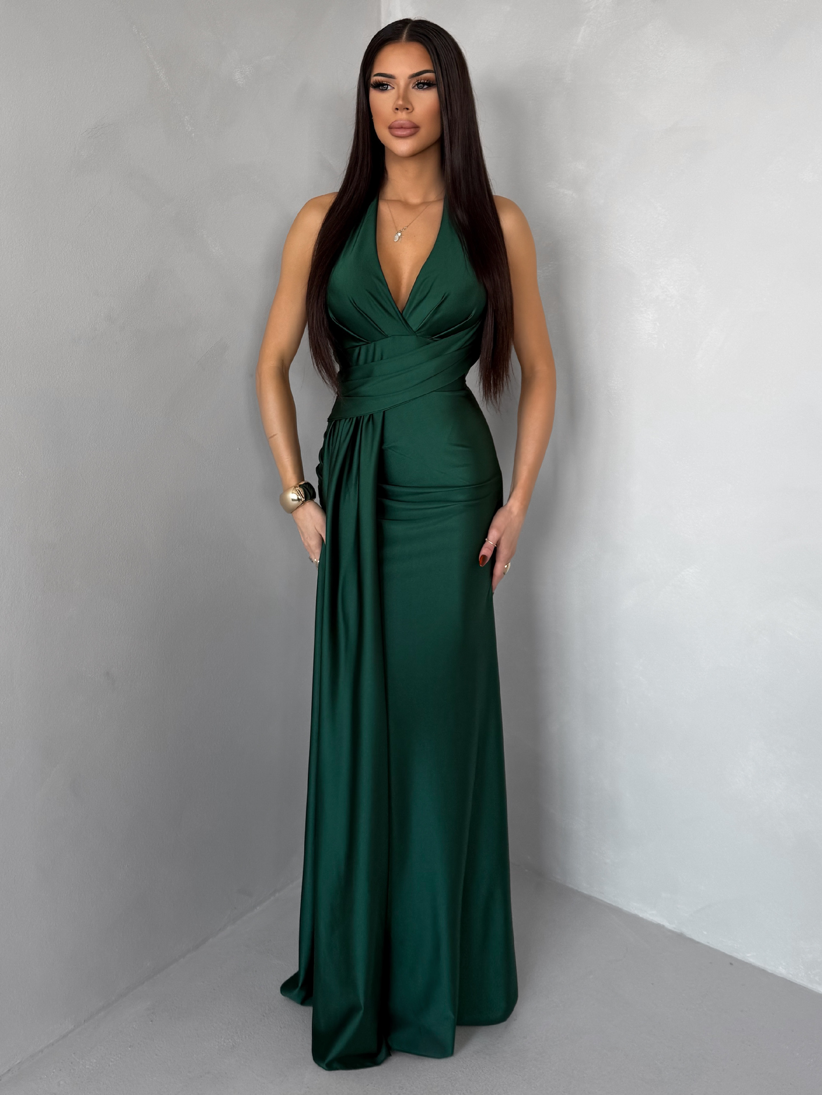 Smaragdové saténové dlhé spoločenské šaty CELESTIA s vlečkou Veľkosť: ONESIZE