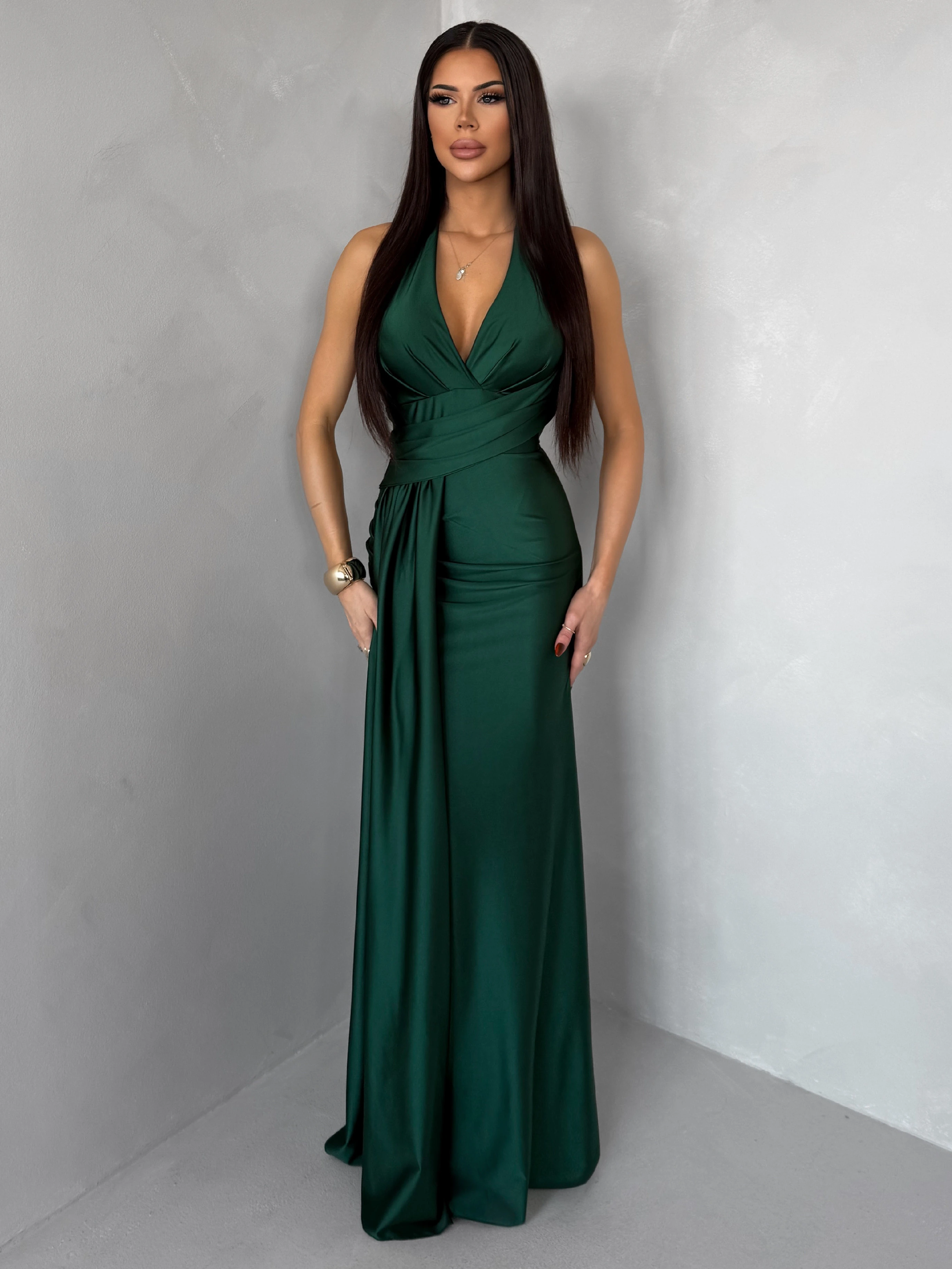Smaragdové saténové dlhé spoločenské šaty CELESTIA s vlečkou Veľkosť: ONESIZE