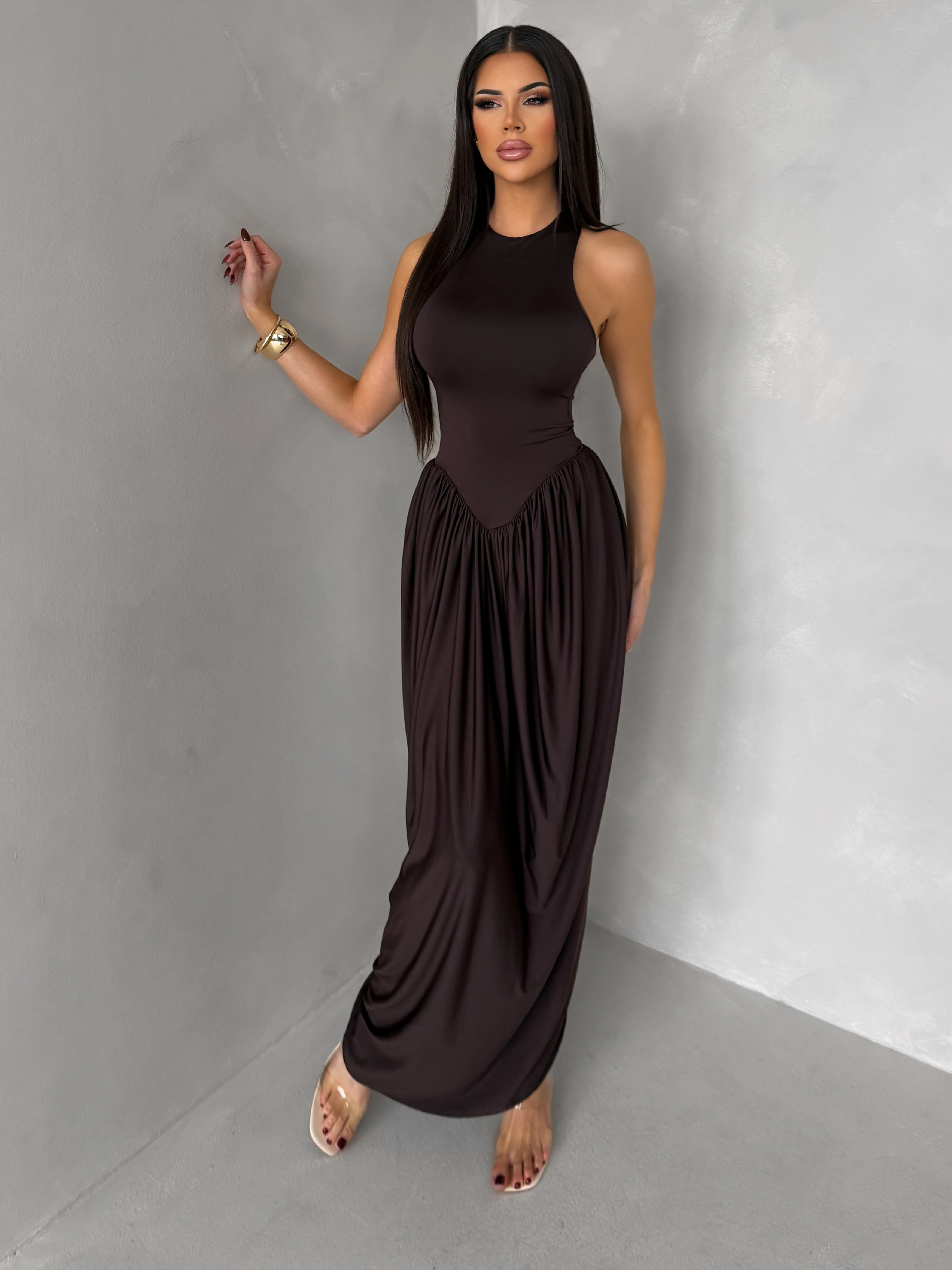 Tmavo hnedé spoločenské tvarujúce šaty ALYRION Veľkosť: ONESIZE