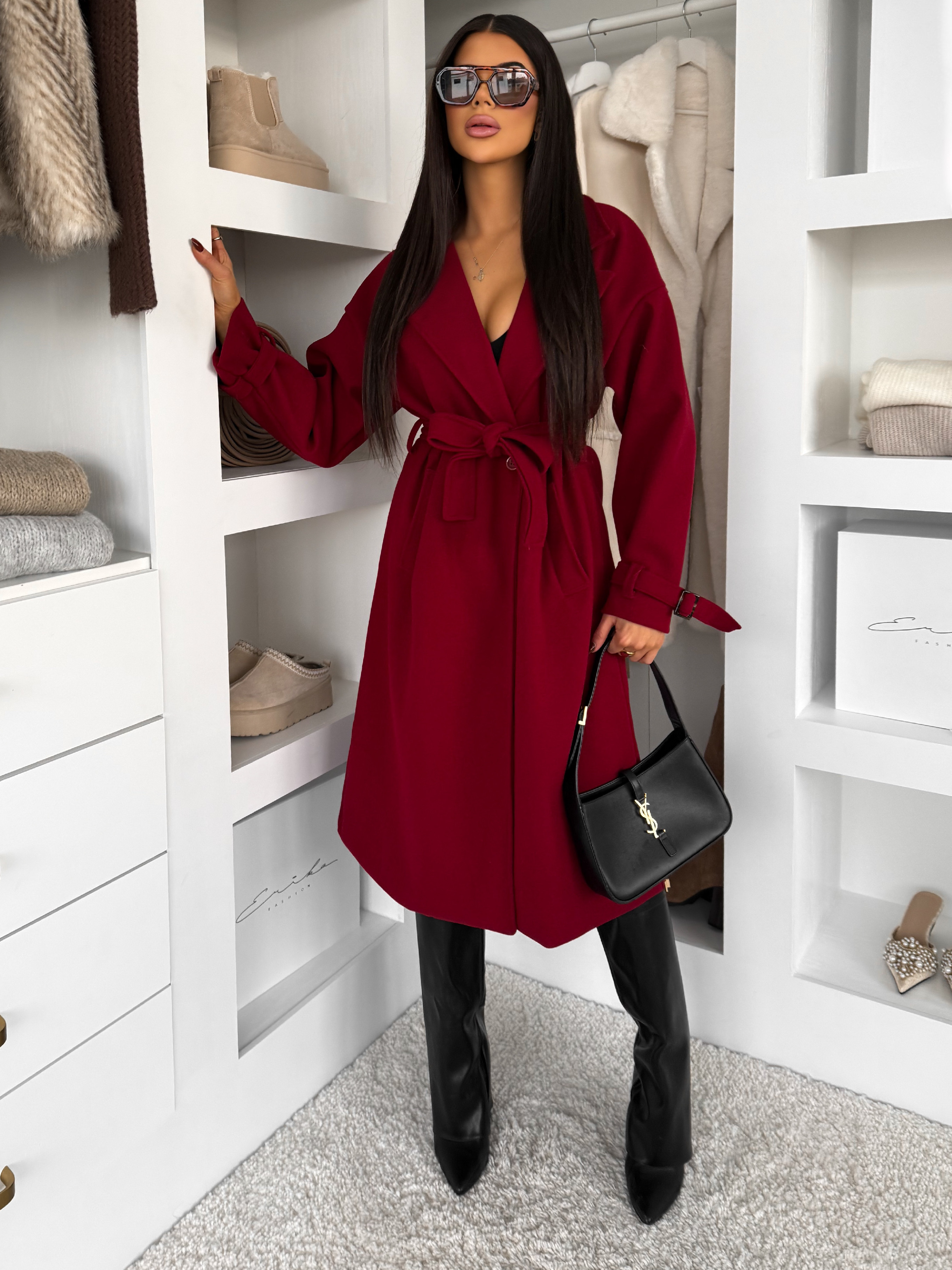 Bordó dlhý elegantný midi kabát POLIMAQ s opaskom Veľkosť: ONESIZE