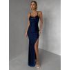 Tmavě modré společenské dlouhé šaty FAYELA (Veľkosť ONESIZE)