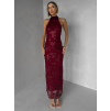 Vínové spoločenské dlhé šaty VELVET s flitrami