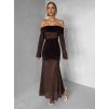 Hnědé krajkové dlouhé šaty ODELIA s řasením (Veľkosť ONESIZE)