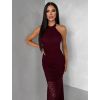 Vínové společenské krajkové dlouhé šaty KRETONA (Veľkosť M/L)