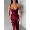 Bordó dlouhé saténové společenské šaty OLIRYA na ramínka (Veľkosť ONESIZE)