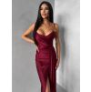Bordó dlouhé saténové společenské šaty OLIRYA na ramínka (Veľkosť ONESIZE)