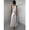 Krémové dlouhé jednoduché společenské šaty HYDRIS (Veľkosť M/L)