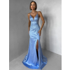 Modré plesové dlhé trblietavé šaty RAVELLE s rázporkom