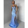 Modré plesové dlouhé třpytivé šaty RAVELLE s rozparkem (Veľkosť M)