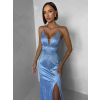 Modré plesové dlhé trblietavé šaty RAVELLE s rázporkom