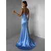 Modré plesové dlouhé třpytivé šaty RAVELLE s rozparkem (Veľkosť M)