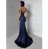 Tmavě modré plesové třpytivé dlouhé šaty RAVELLE s rozparkem (Veľkosť M)