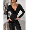 Černé elegantní body LORIEN s dlouhým rukávem a krajkou (Veľkosť ONESIZE)