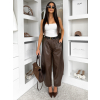 Hnedé koženkové široké nohavice LEATHER (Veľkosť ONESIZE)