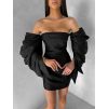 Černé koktejlové mini šaty TUVIANA s nabíranými rukávy (Veľkosť L)